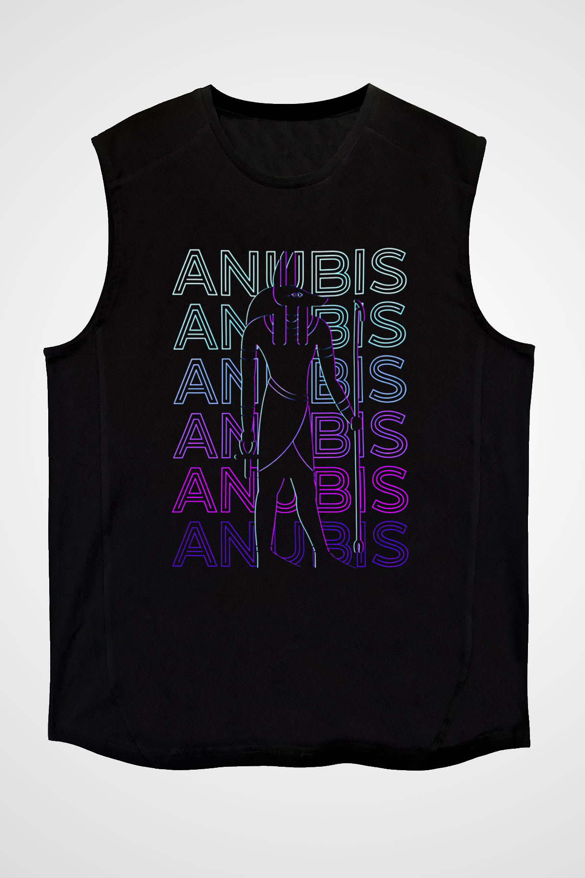 Anubis Baskılı Unisex Siyah Kolsuz Tişört - Tshirt