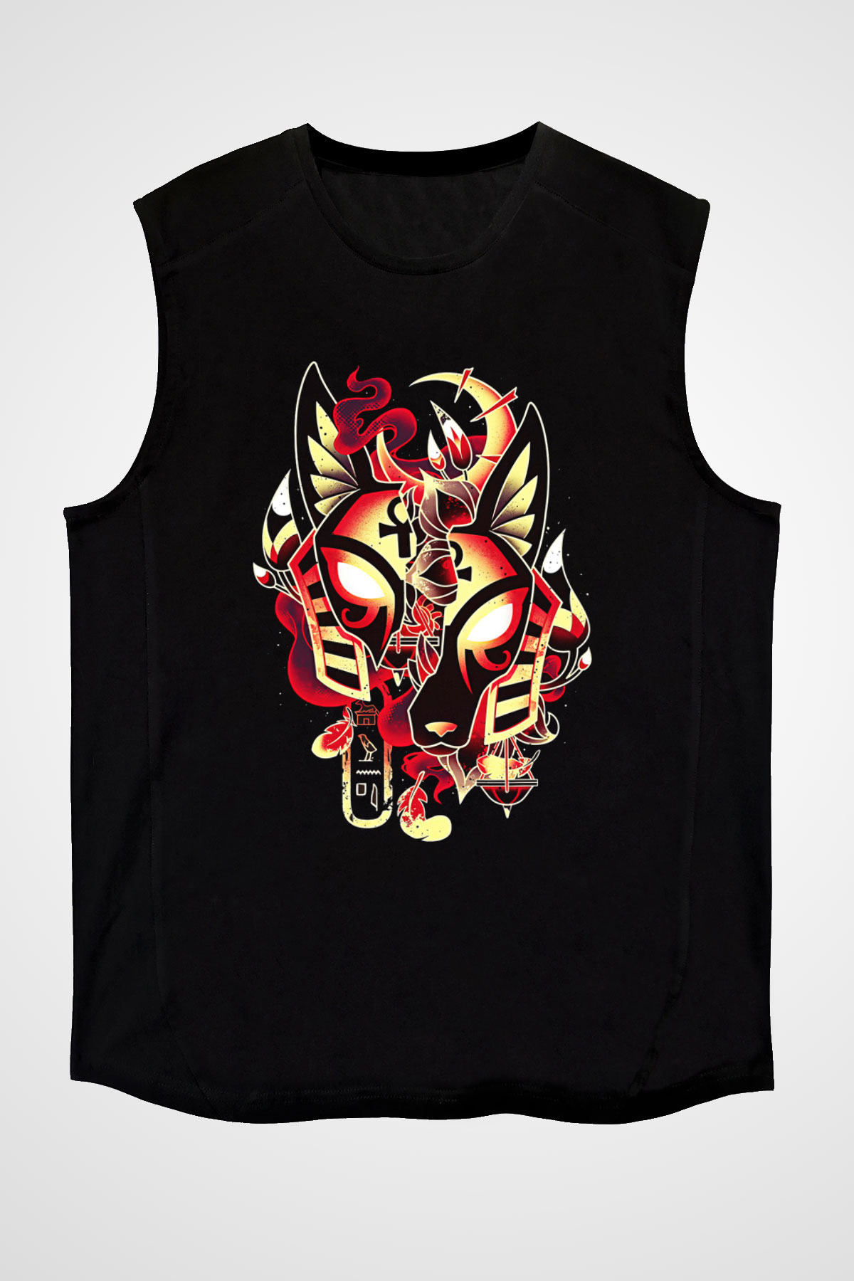 Anubis Baskılı Unisex Siyah Kolsuz Tişört - Tshirt