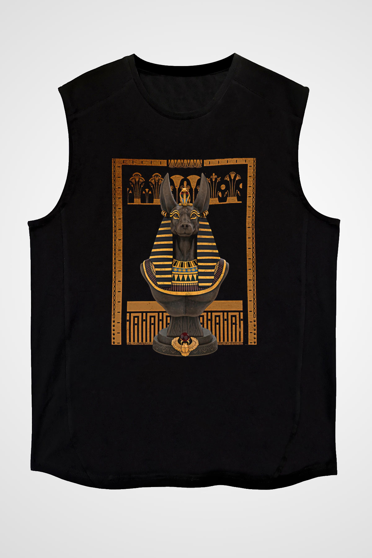 Anubis Baskılı Unisex Siyah Kolsuz Tişört - Tshirt