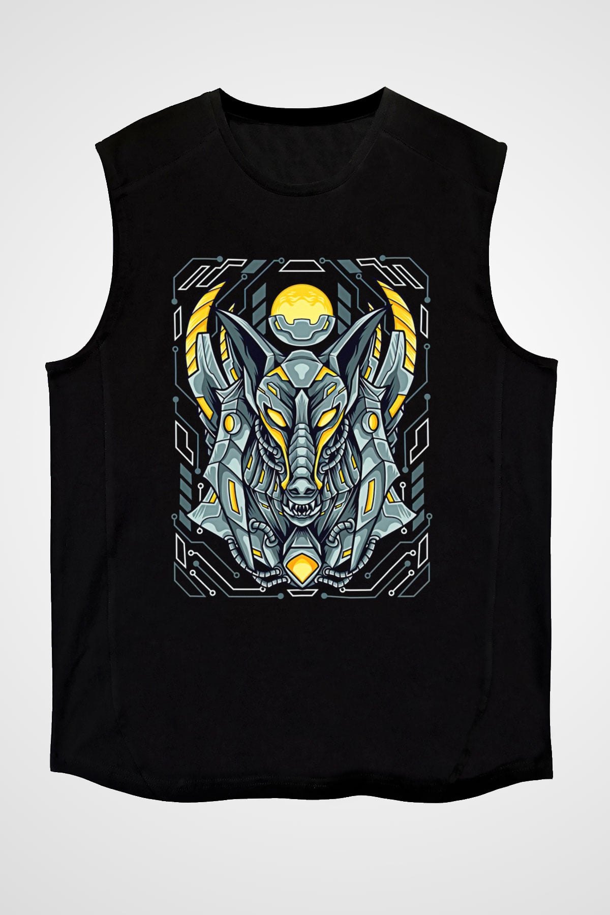 Anubis Baskılı Unisex Siyah Kolsuz Tişört - Tshirt
