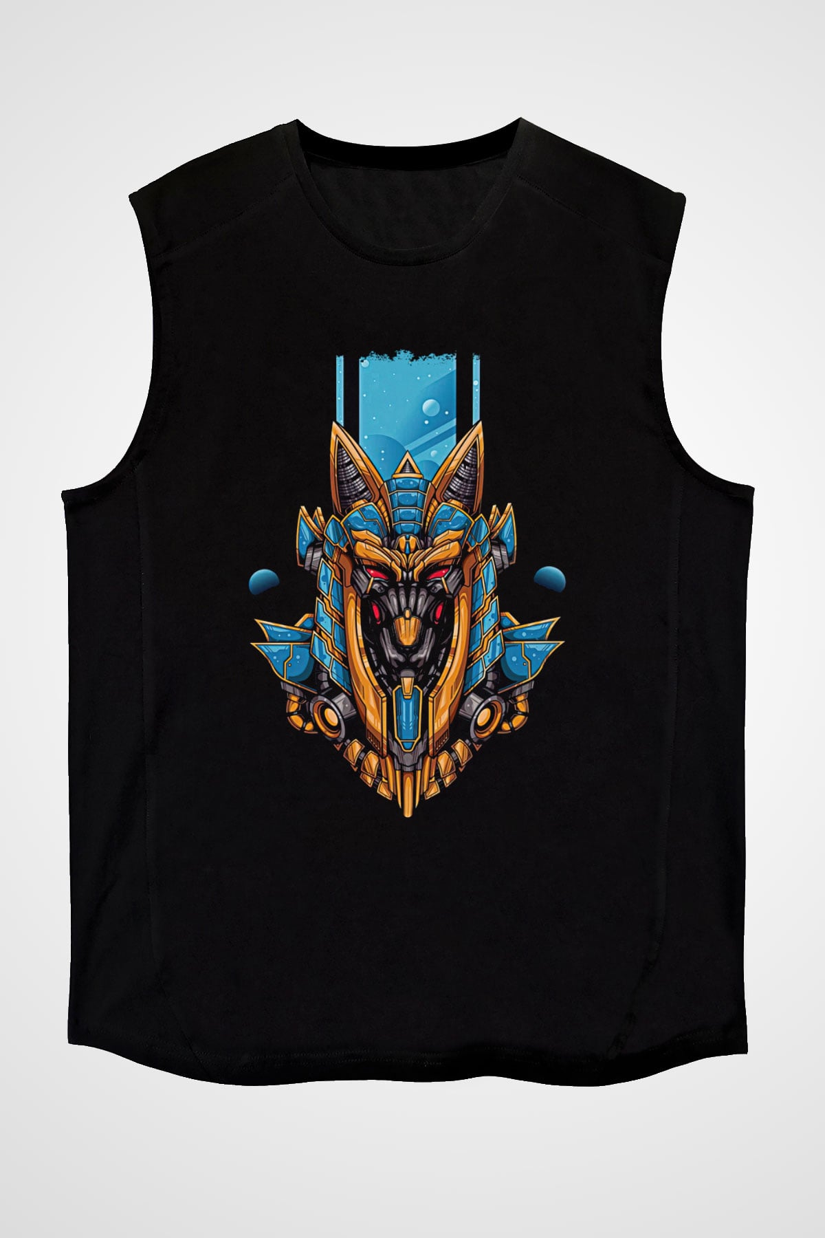Anubis Baskılı Unisex Siyah Kolsuz Tişört - Tshirt