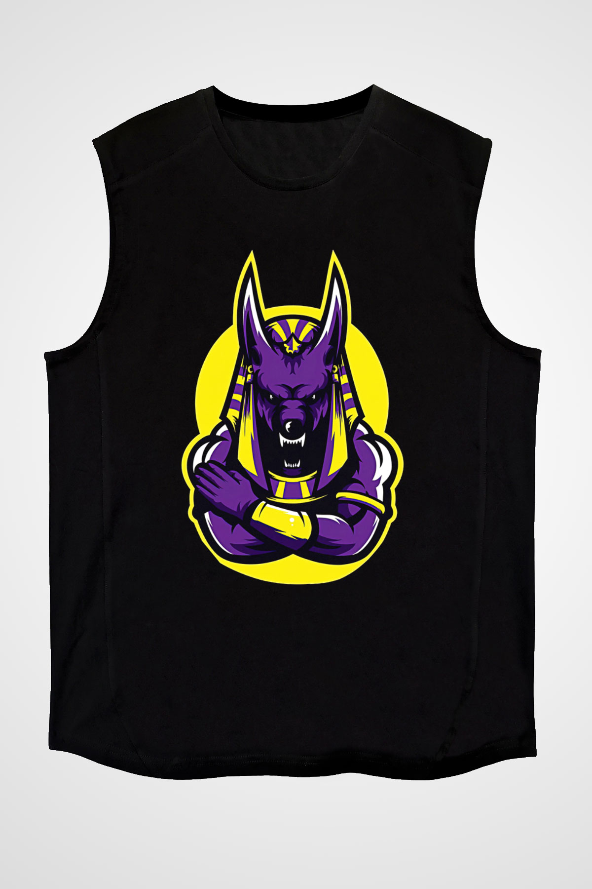 Anubis Baskılı Unisex Siyah Kolsuz Tişört - Tshirt