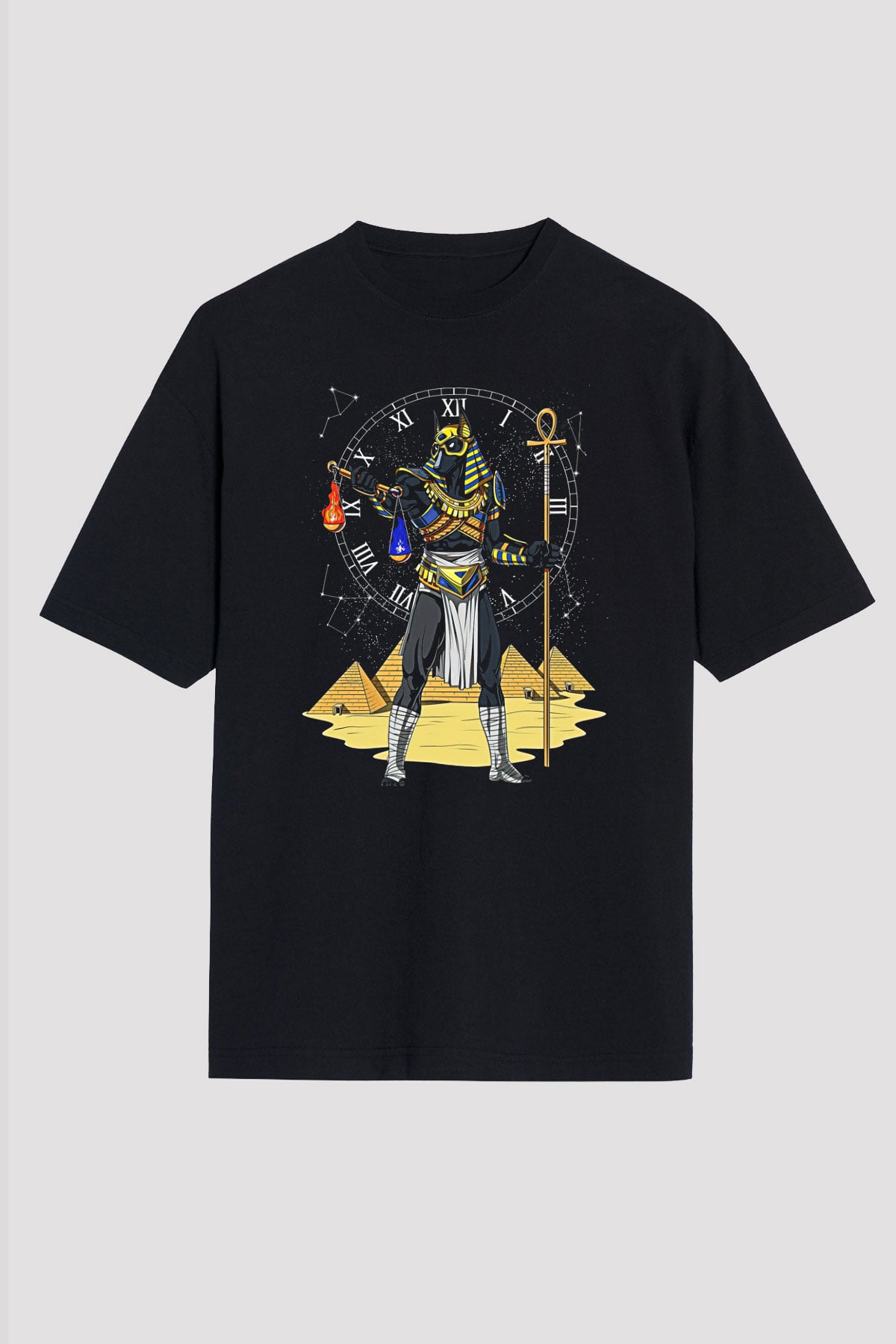 Anubis Baskılı Unisex Siyah Oversize Tişört - Tshirt