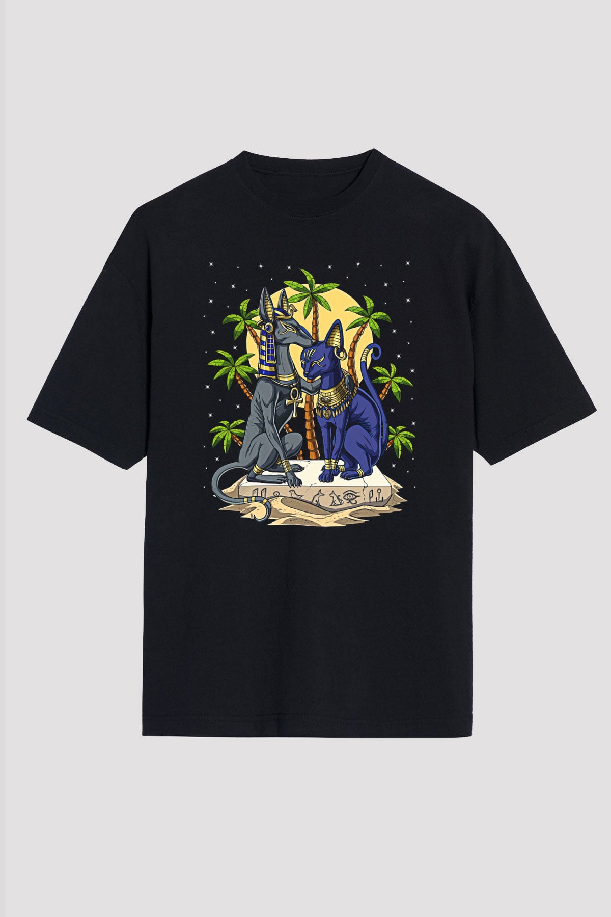 Anubis Baskılı Unisex Siyah Oversize Tişört - Tshirt