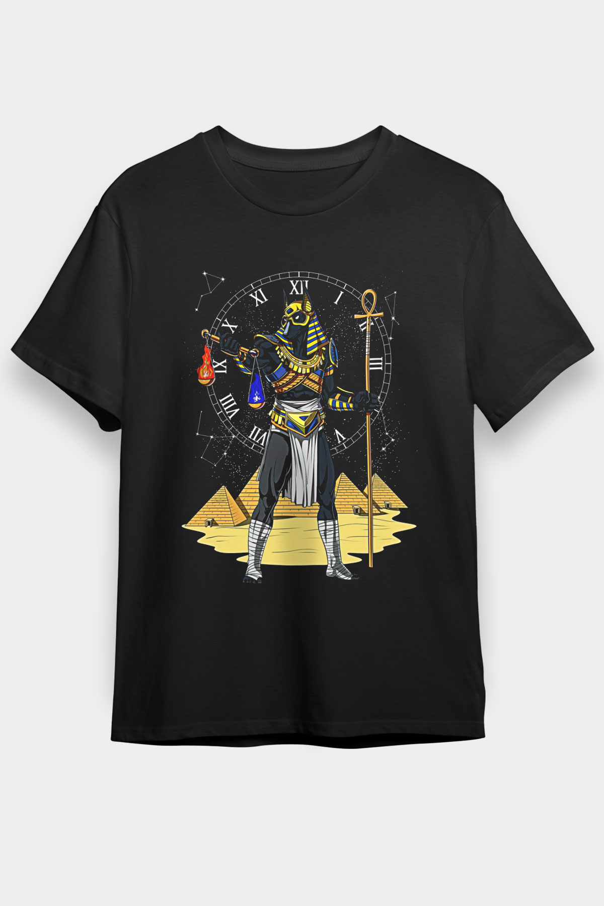 Anubis Baskılı Unisex Siyah Tişört - Tshirt