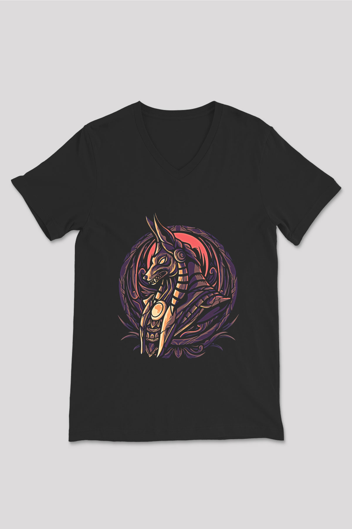 Anubis Baskılı Unisex Siyah V Yaka Tişört - Tshirt