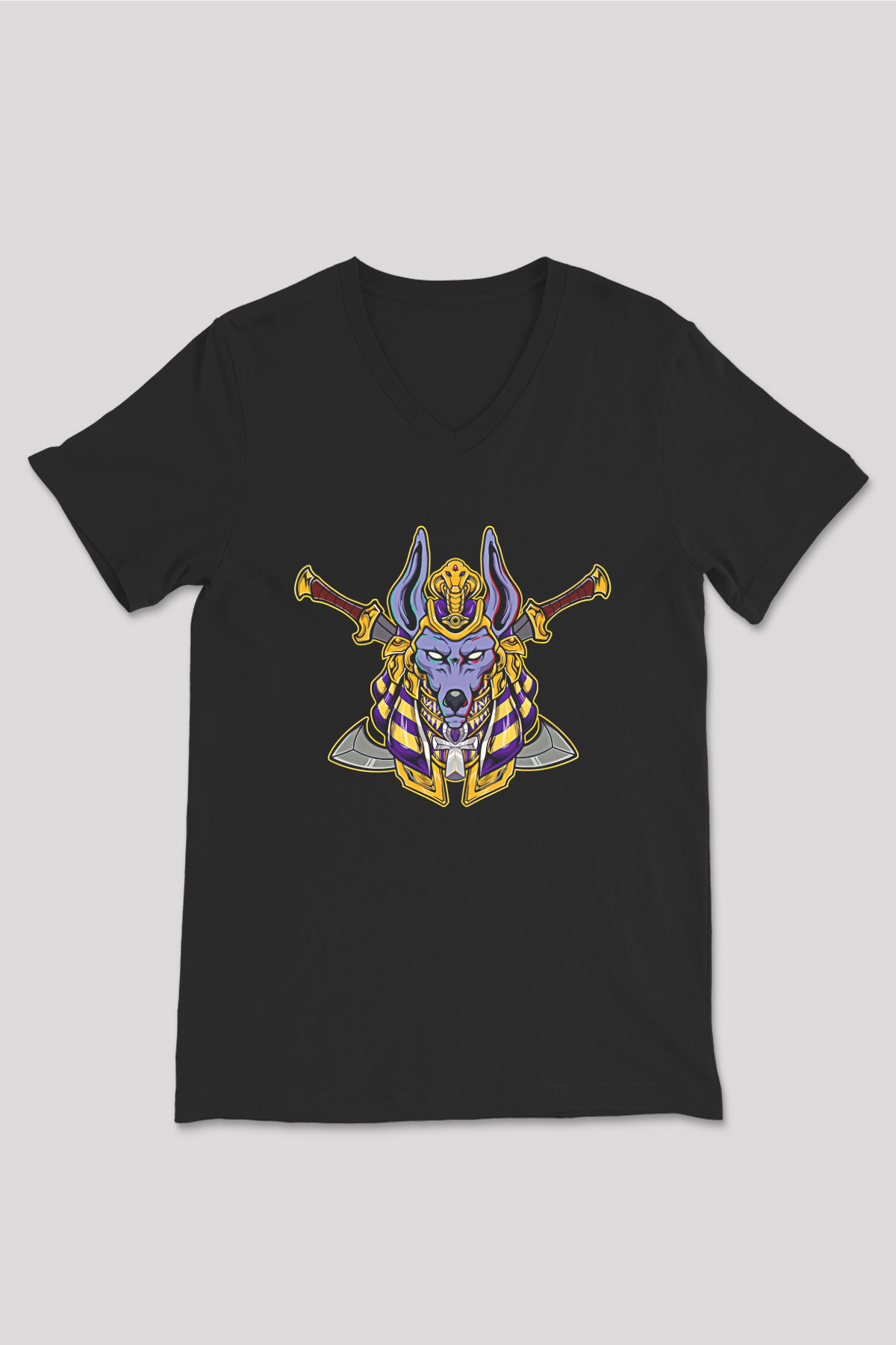 Anubis Baskılı Unisex Siyah V Yaka Tişört - Tshirt