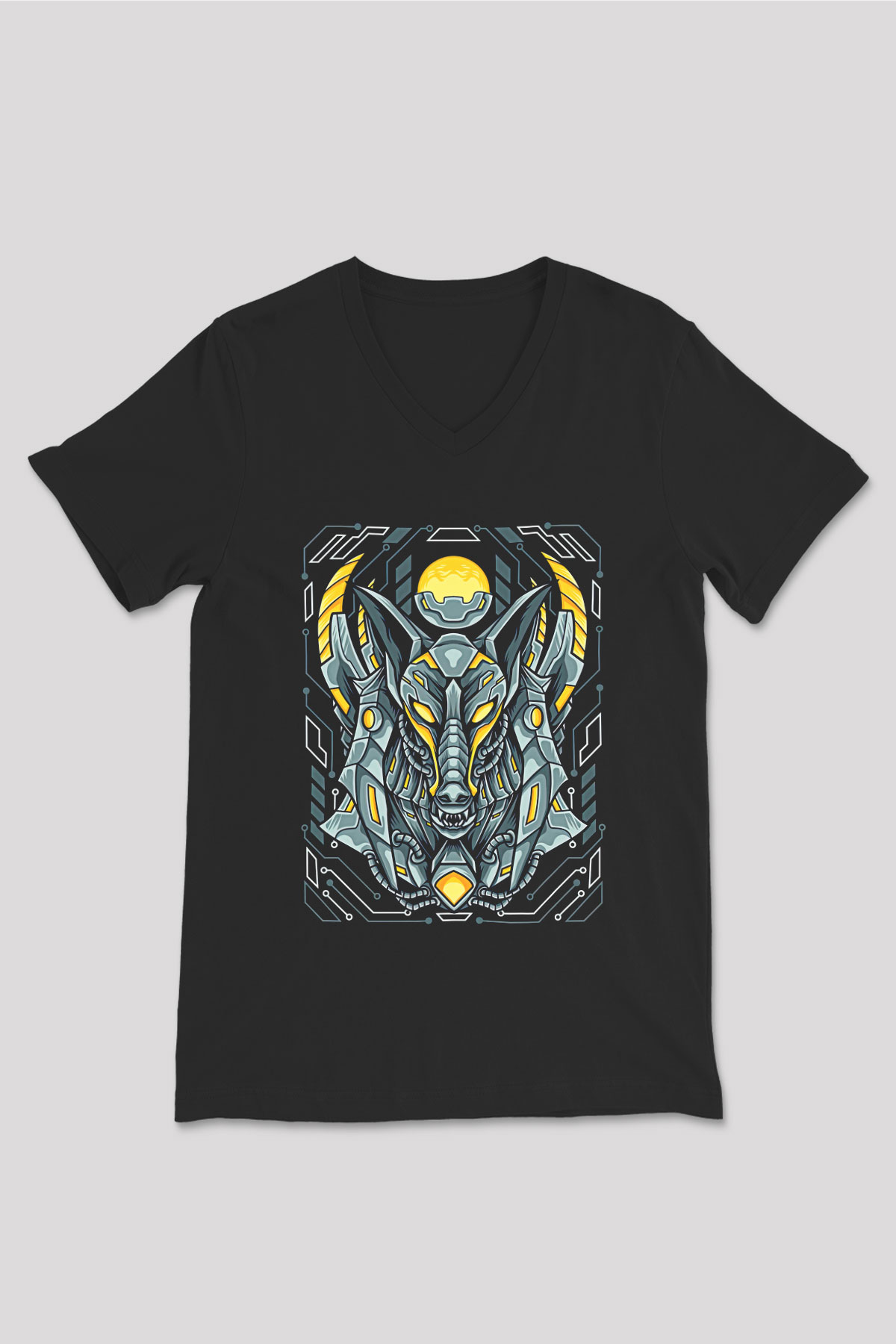 Anubis Baskılı Unisex Siyah V Yaka Tişört - Tshirt