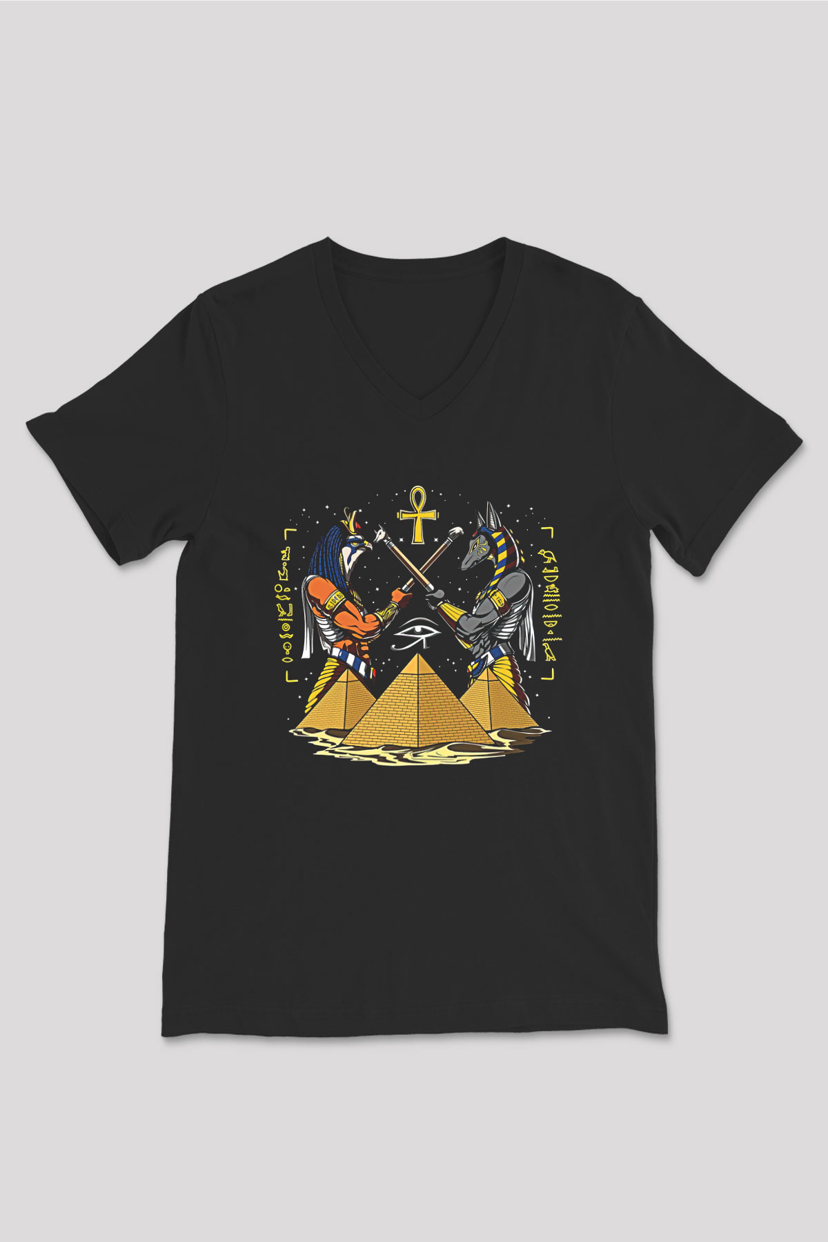Anubis Baskılı Unisex Siyah V Yaka Tişört - Tshirt