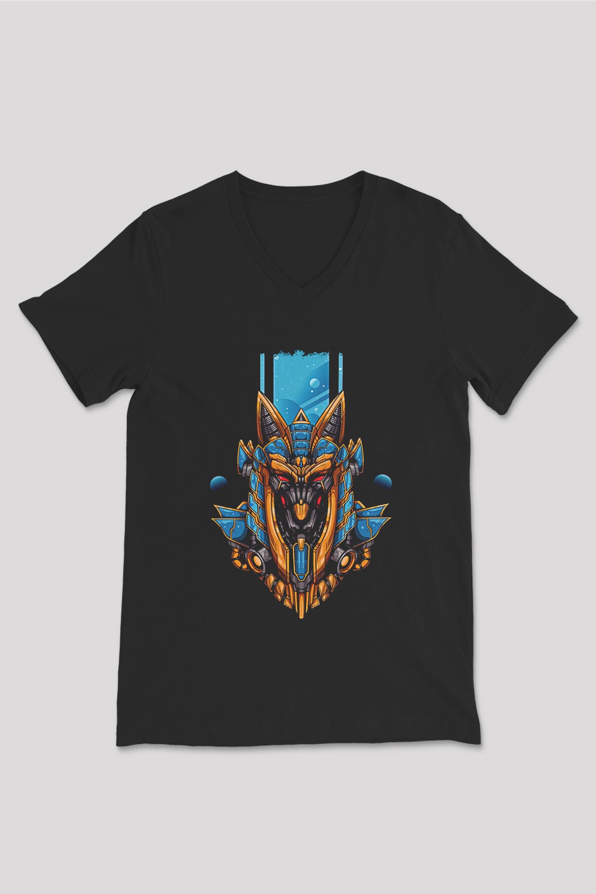 Anubis Baskılı Unisex Siyah V Yaka Tişört - Tshirt