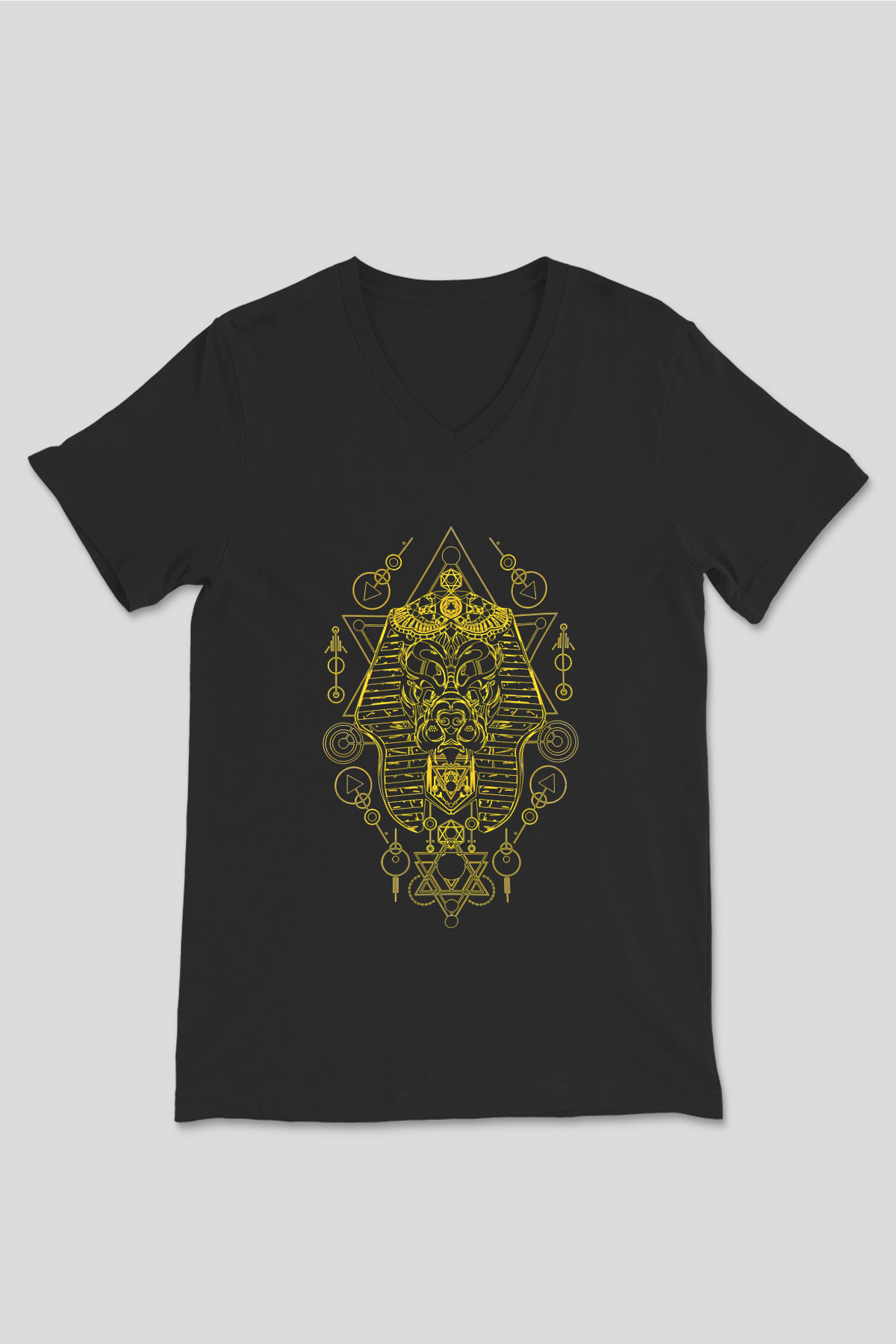 Anubis Baskılı Unisex Siyah V Yaka Tişört - Tshirt