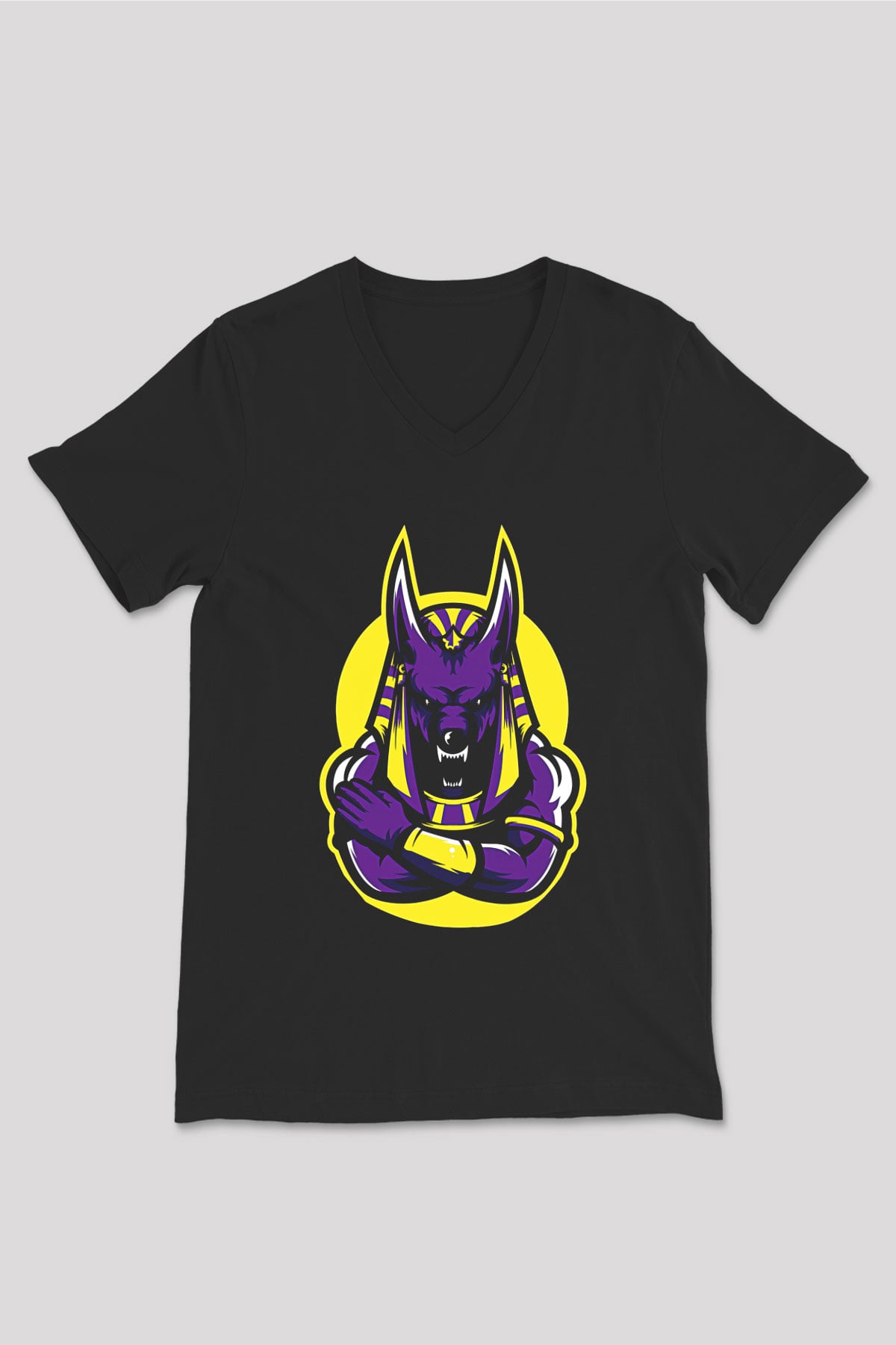 Anubis Baskılı Unisex Siyah V Yaka Tişört - Tshirt