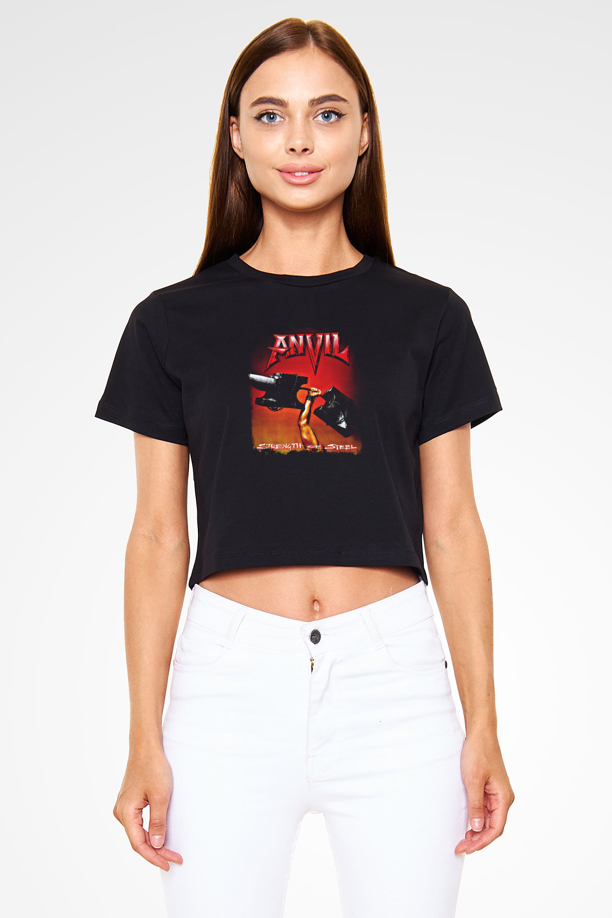 Anvil Baskılı Unisex Siyah Crop Top Tişört