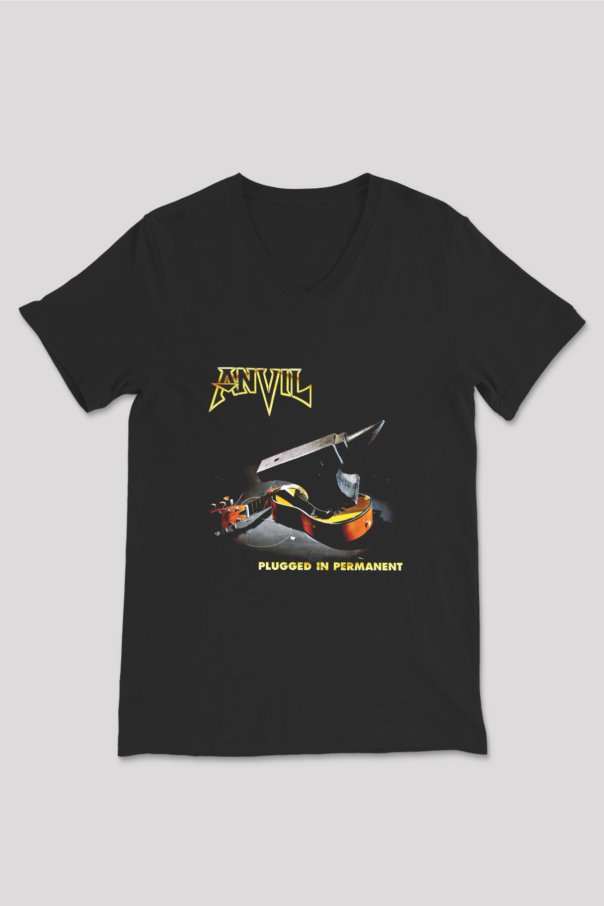 Anvil Baskılı Unisex Siyah V Yaka Tişört