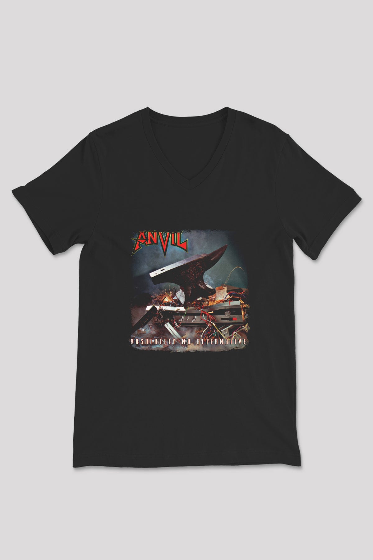 Anvil Baskılı Unisex Siyah V Yaka Tişört