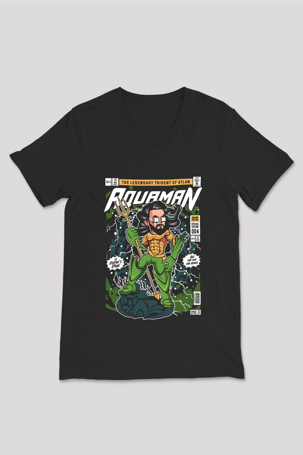 Aquaman Baskılı Unisex Siyah V Yaka Tişört