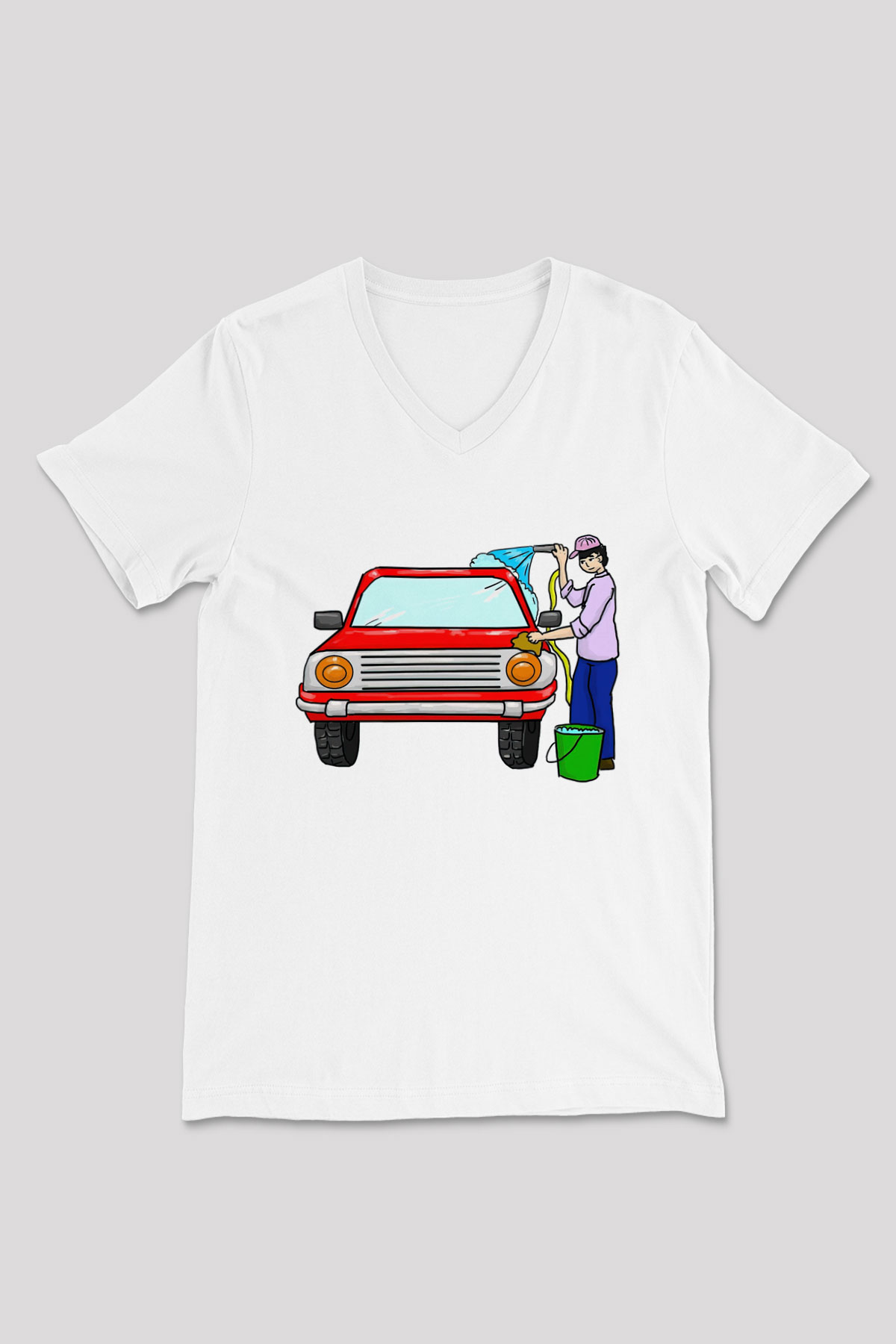 Araba yıkayıcısı Beyaz Unisex V Yaka Tişört