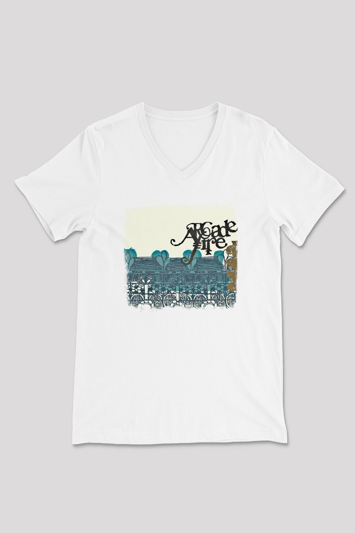 Arcade Fire Baskılı Unisex Beyaz V Yaka Tişört