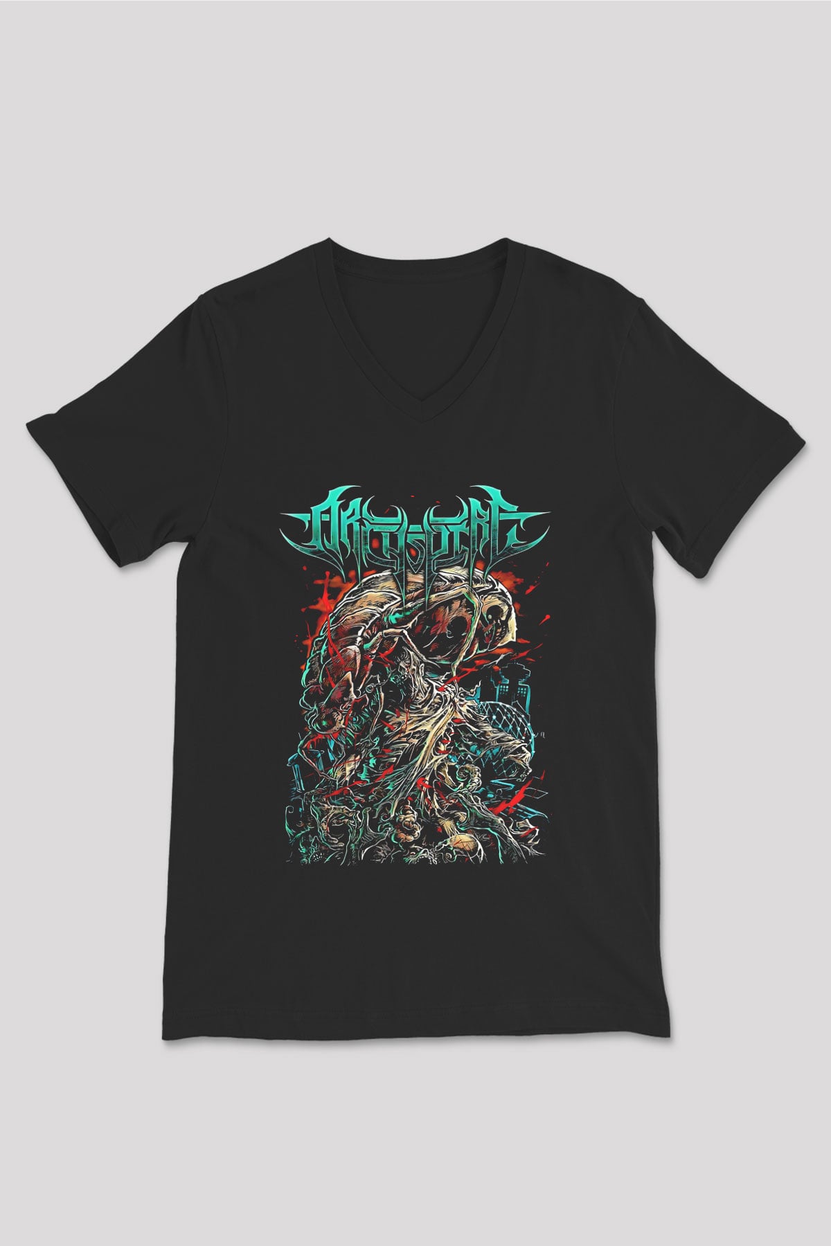 Archspire Baskılı Unisex Siyah V Yaka Tişört - Tshirt