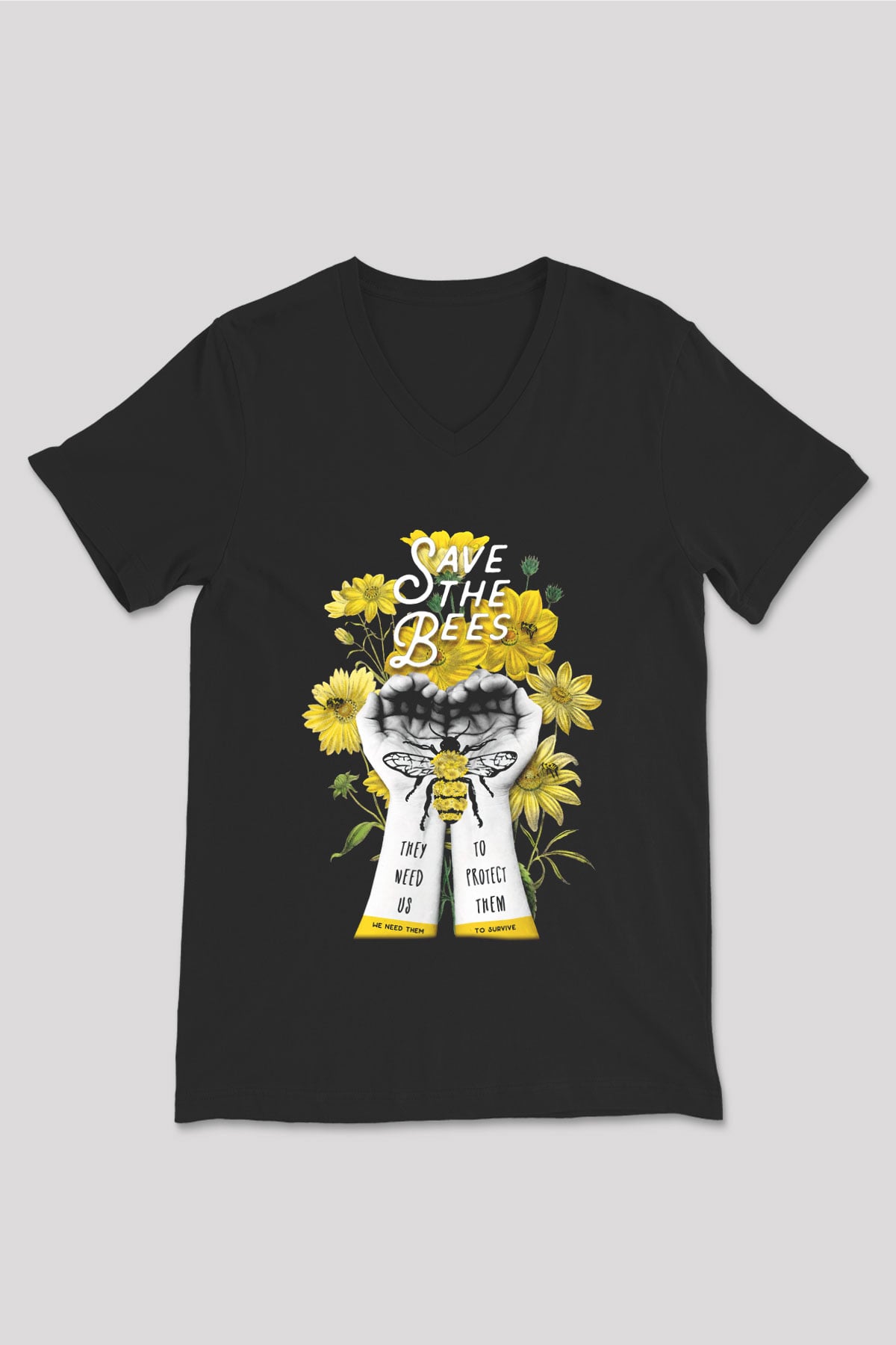 Arıcı Siyah Unisex V Yaka Tişört T-Shirt