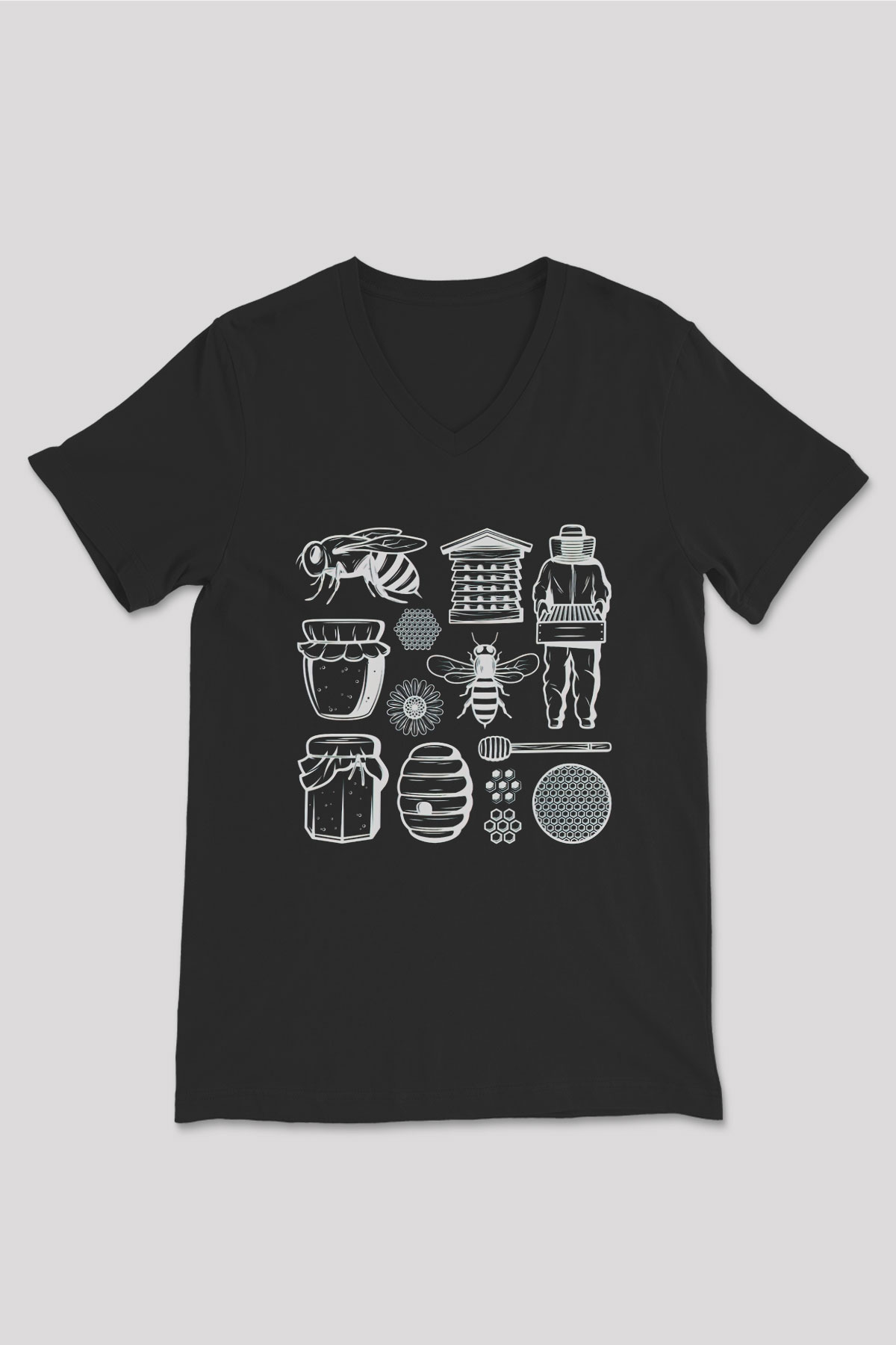 Arıcı Siyah Unisex V Yaka Tişört T-Shirt