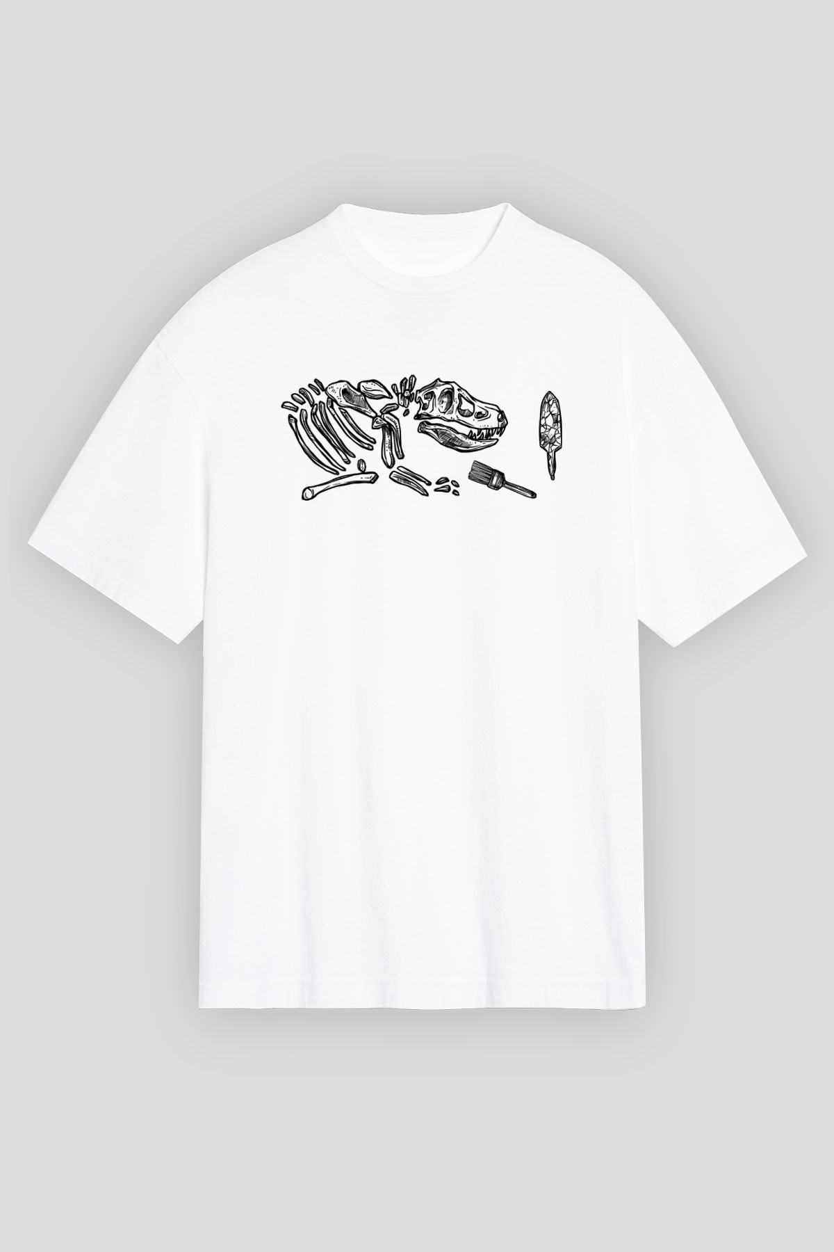 Arkeoloji Dinazor Baskılı Unisex Beyaz Oversize Tişört