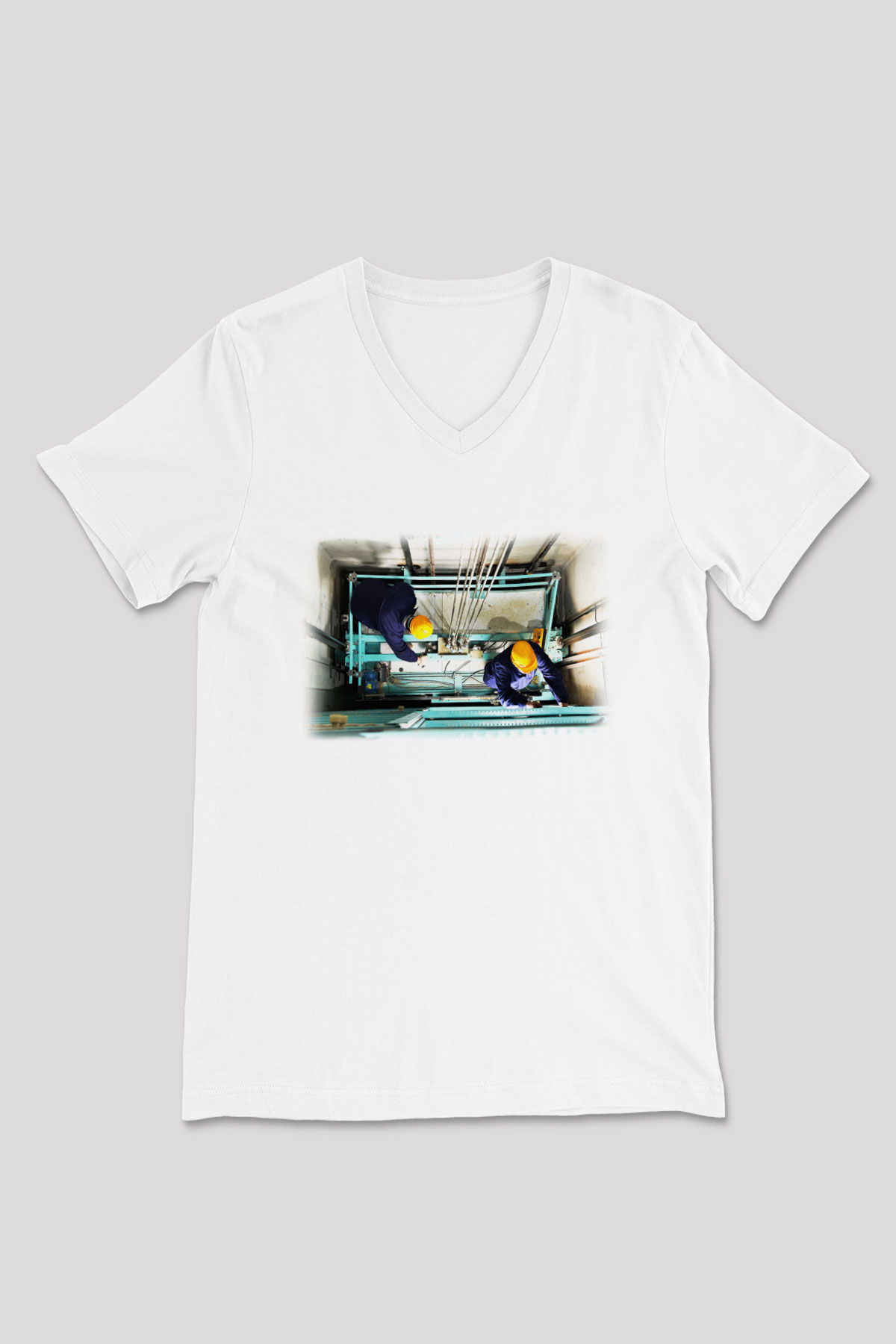 Asansörcü Beyaz Unisex V Yaka Tişört T-Shirt