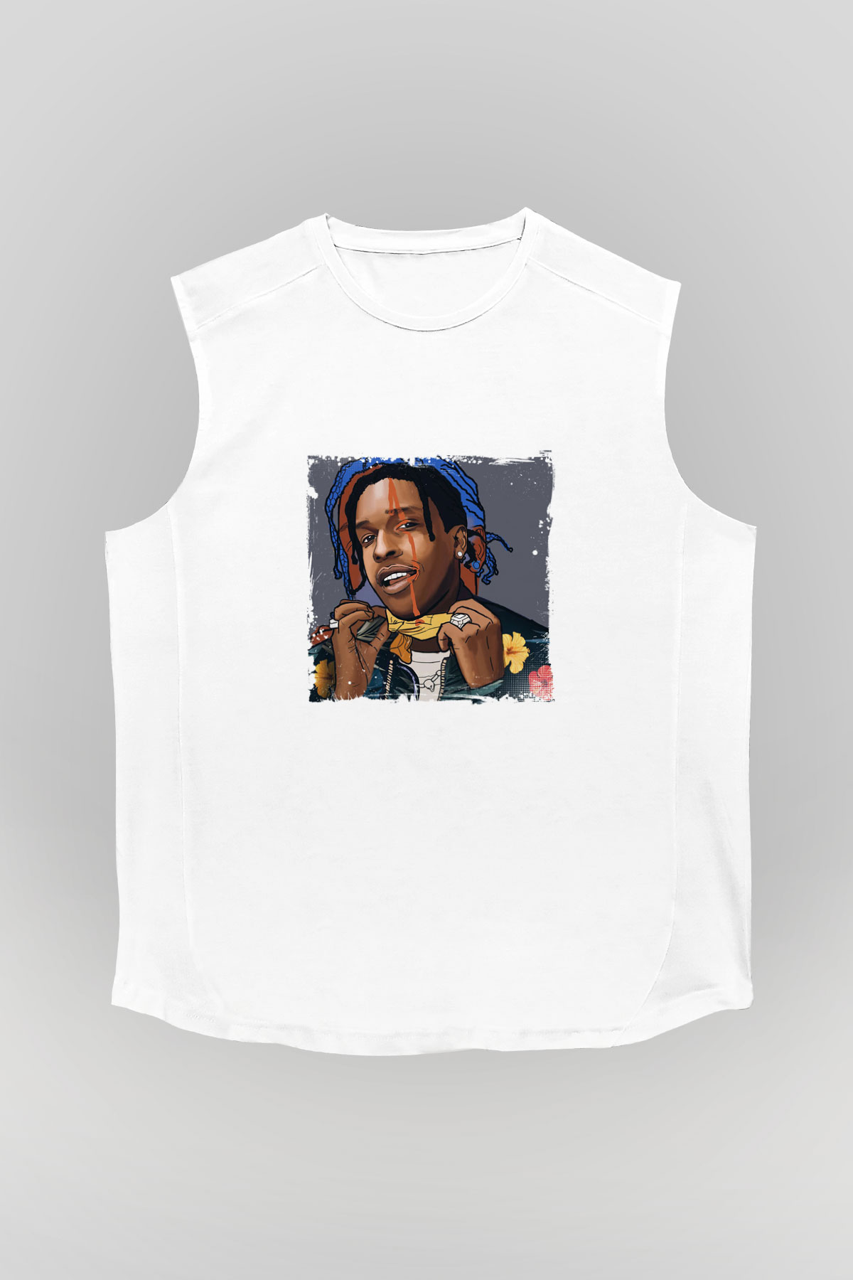ASAP Mob Baskılı Unisex Beyaz Kolsuz Tişört