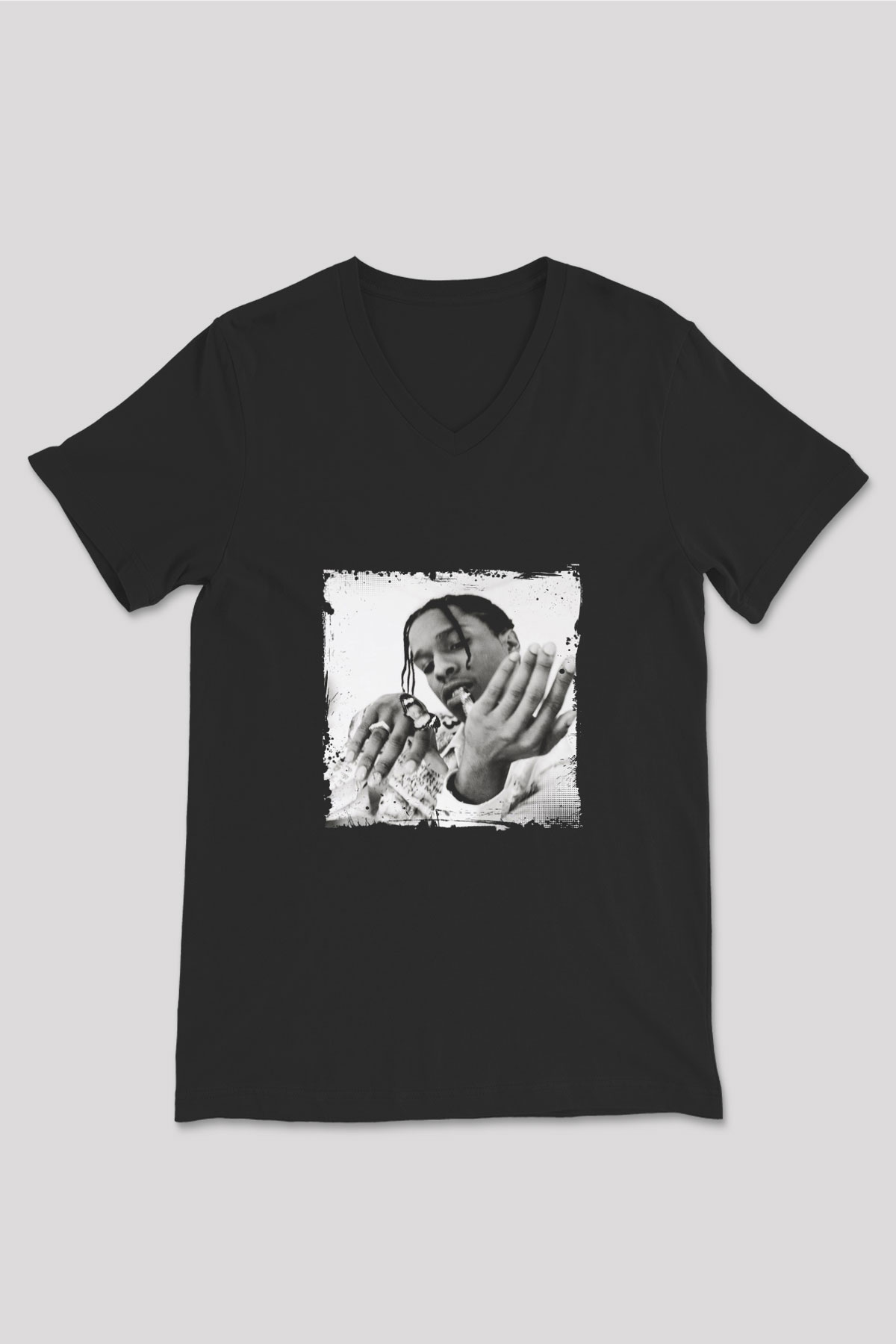 ASAP Mob Baskılı Unisex Siyah V Yaka Tişört