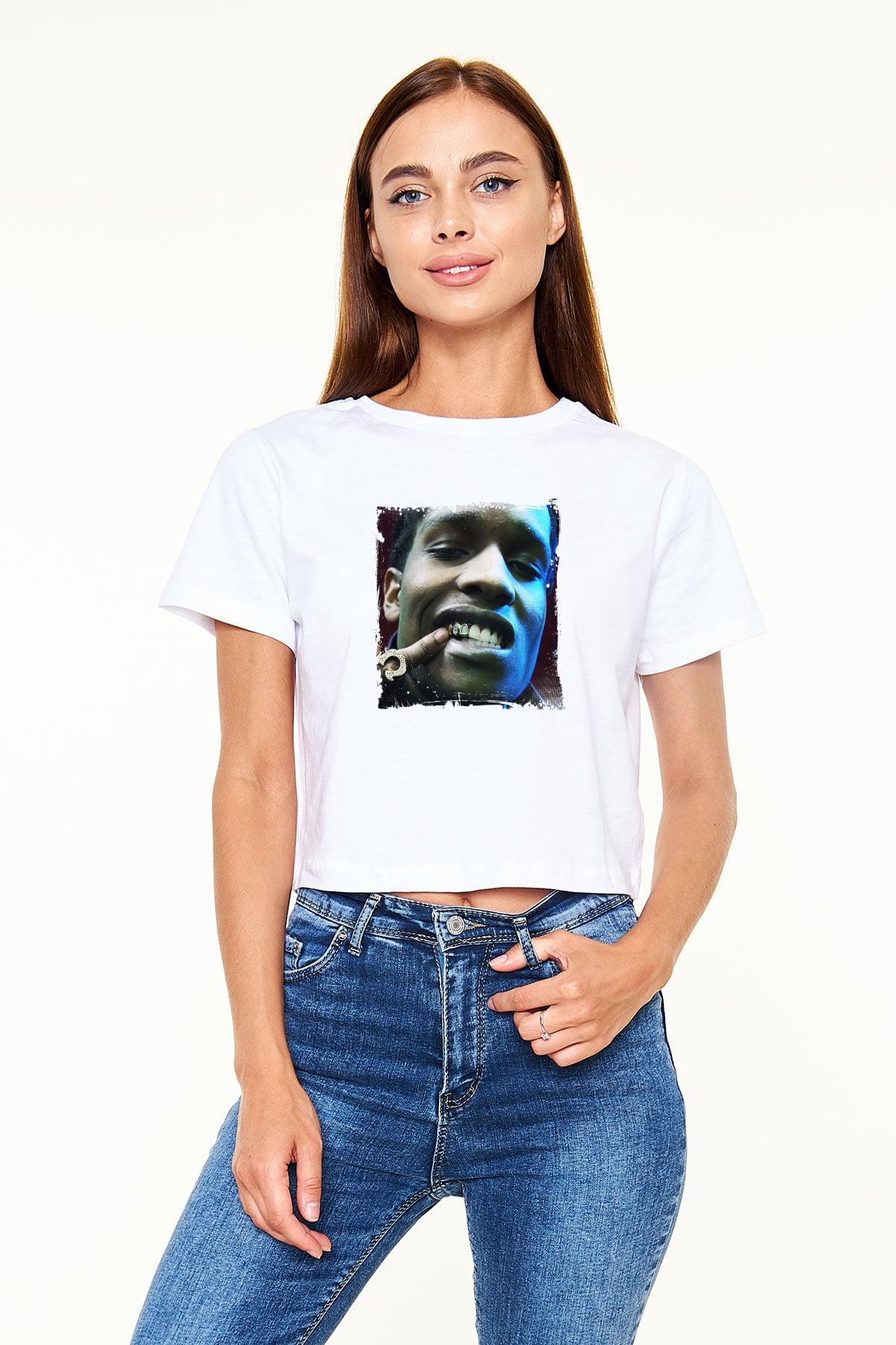 ASAP Rocky Baskılı Beyaz Kadın Crop Top Tişört