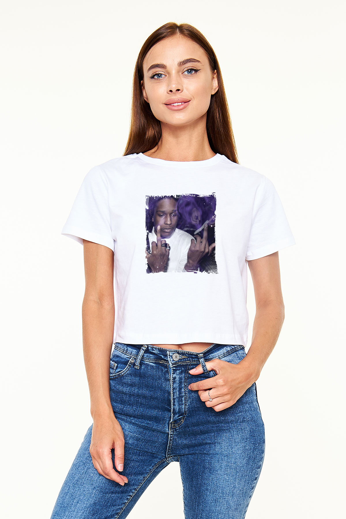 ASAP Rocky Baskılı Beyaz Kadın Crop Top Tişört