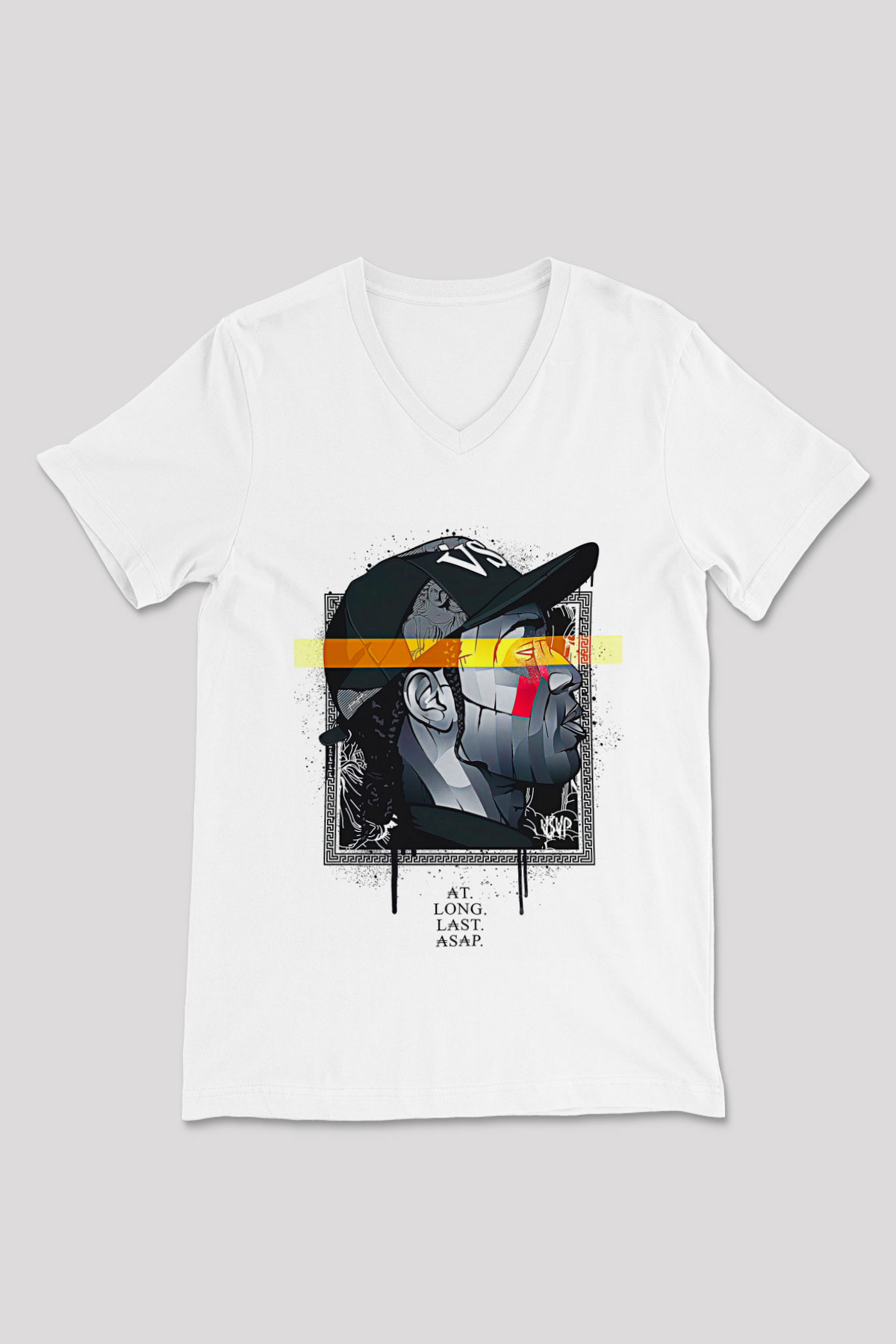Asap Rocky Baskılı Beyaz Unisex V Yaka Tişört - Tshirt