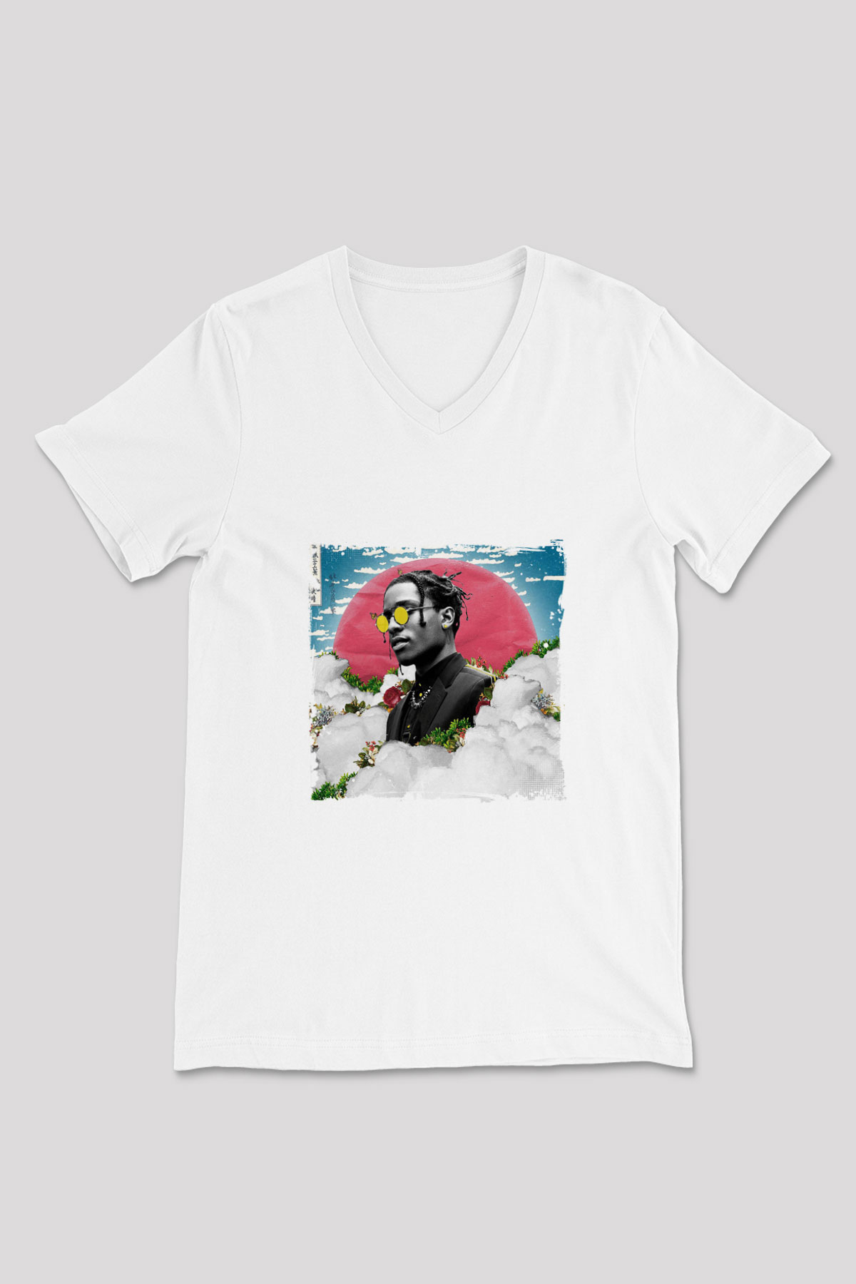 ASAP Rocky Baskılı Beyaz V Yaka Unisex Tişört