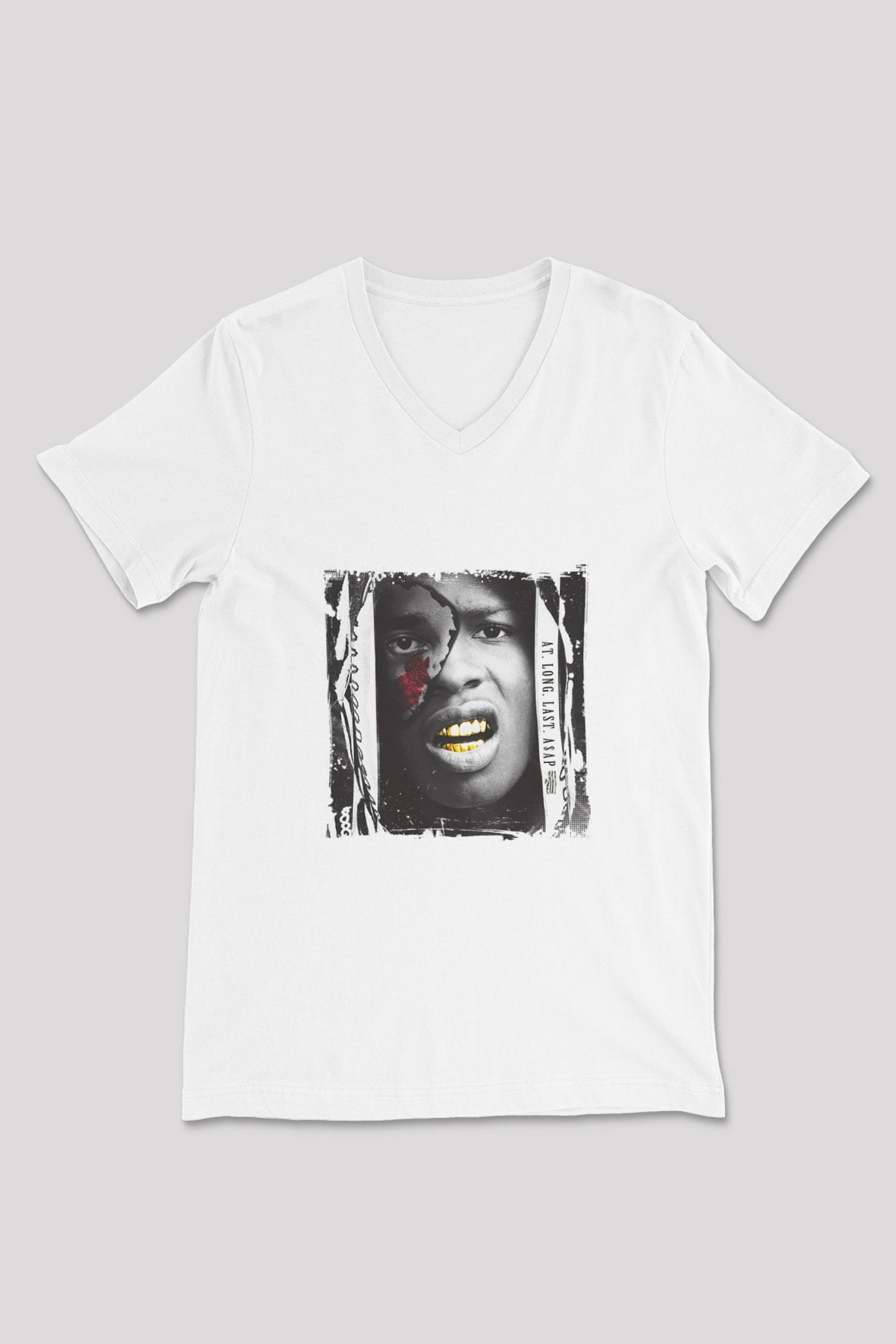 ASAP Rocky Baskılı Beyaz V Yaka Unisex Tişört