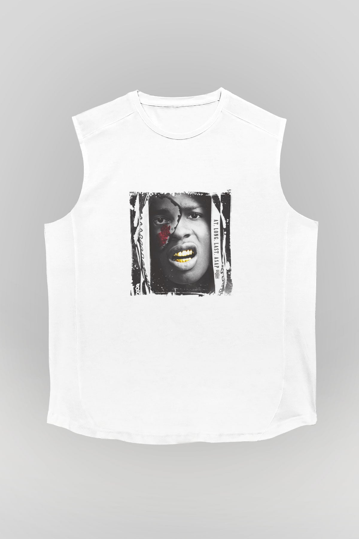 ASAP Rocky Baskılı Unisex Beyaz Kolsuz Tişört