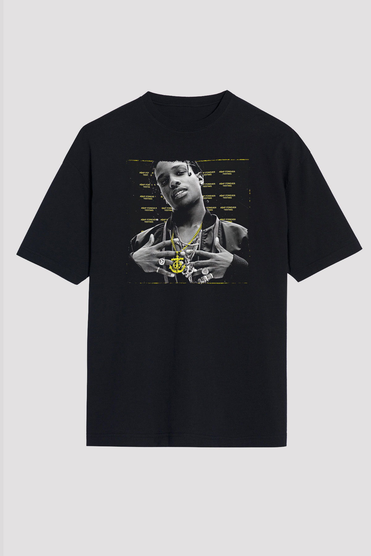 Asap Rocky Baskılı Unisex Siyah Oversize Tişört - Tshirt