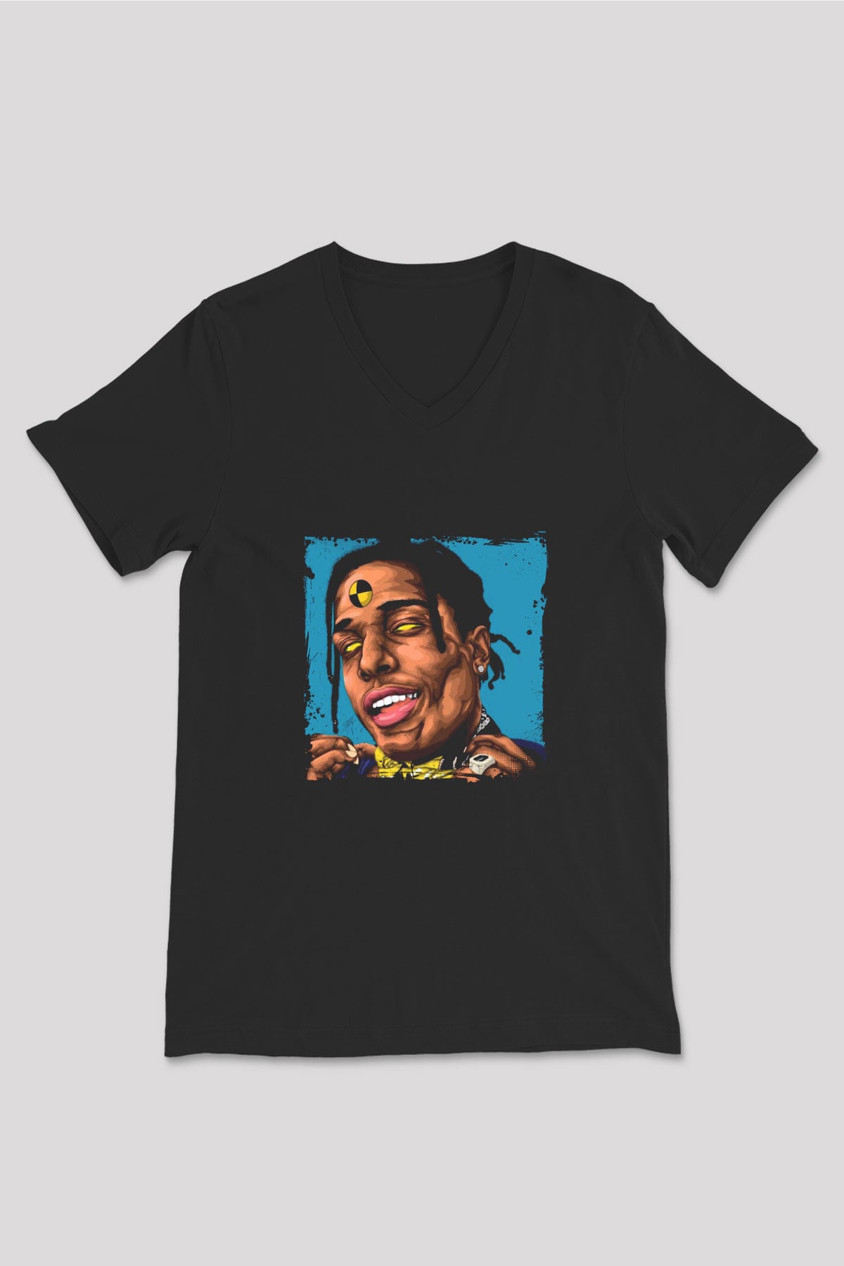 ASAP Rocky Baskılı Unisex Siyah V Yaka Tişört