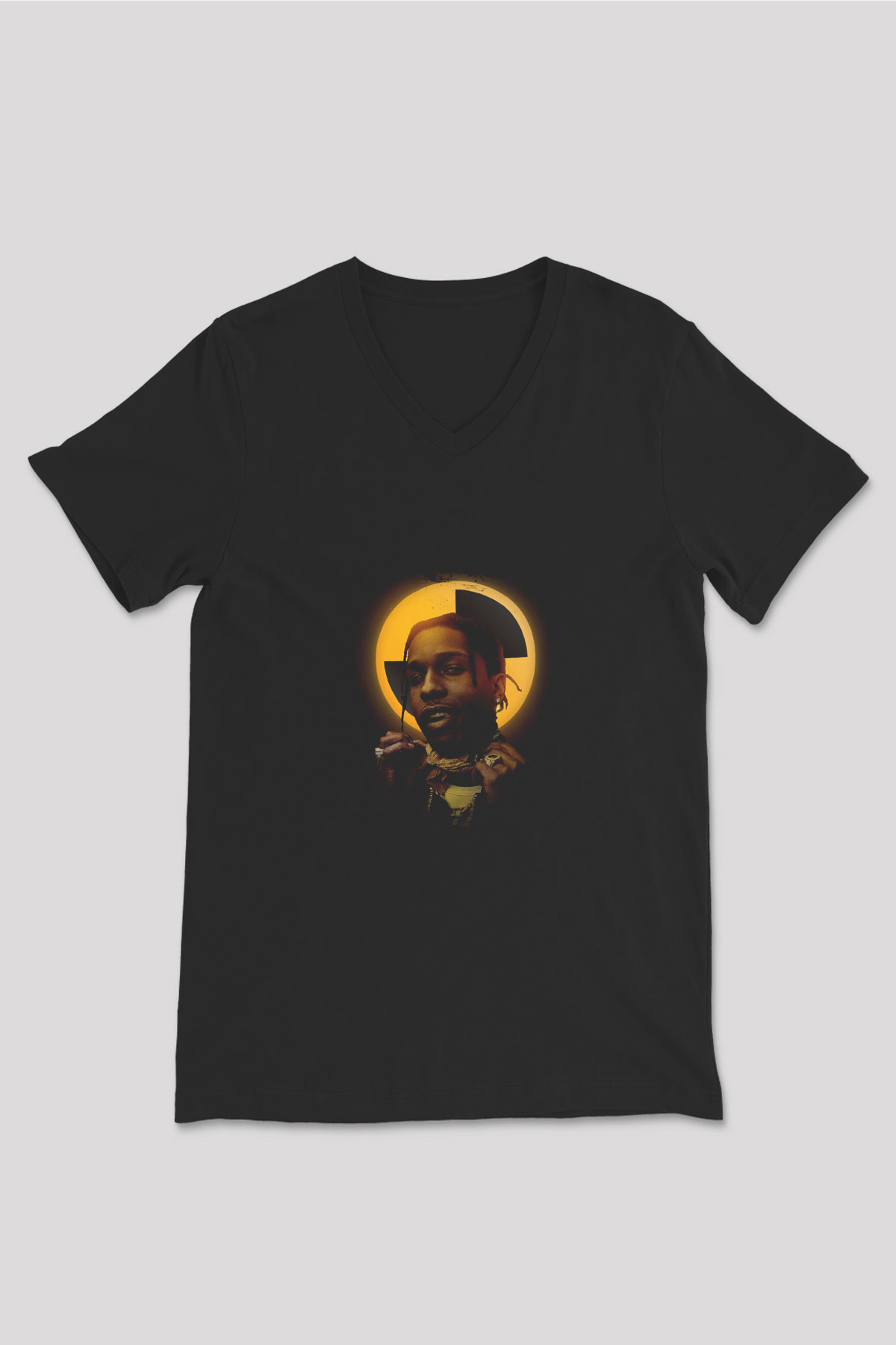ASAP Rocky Baskılı Unisex Siyah V Yaka Tişört