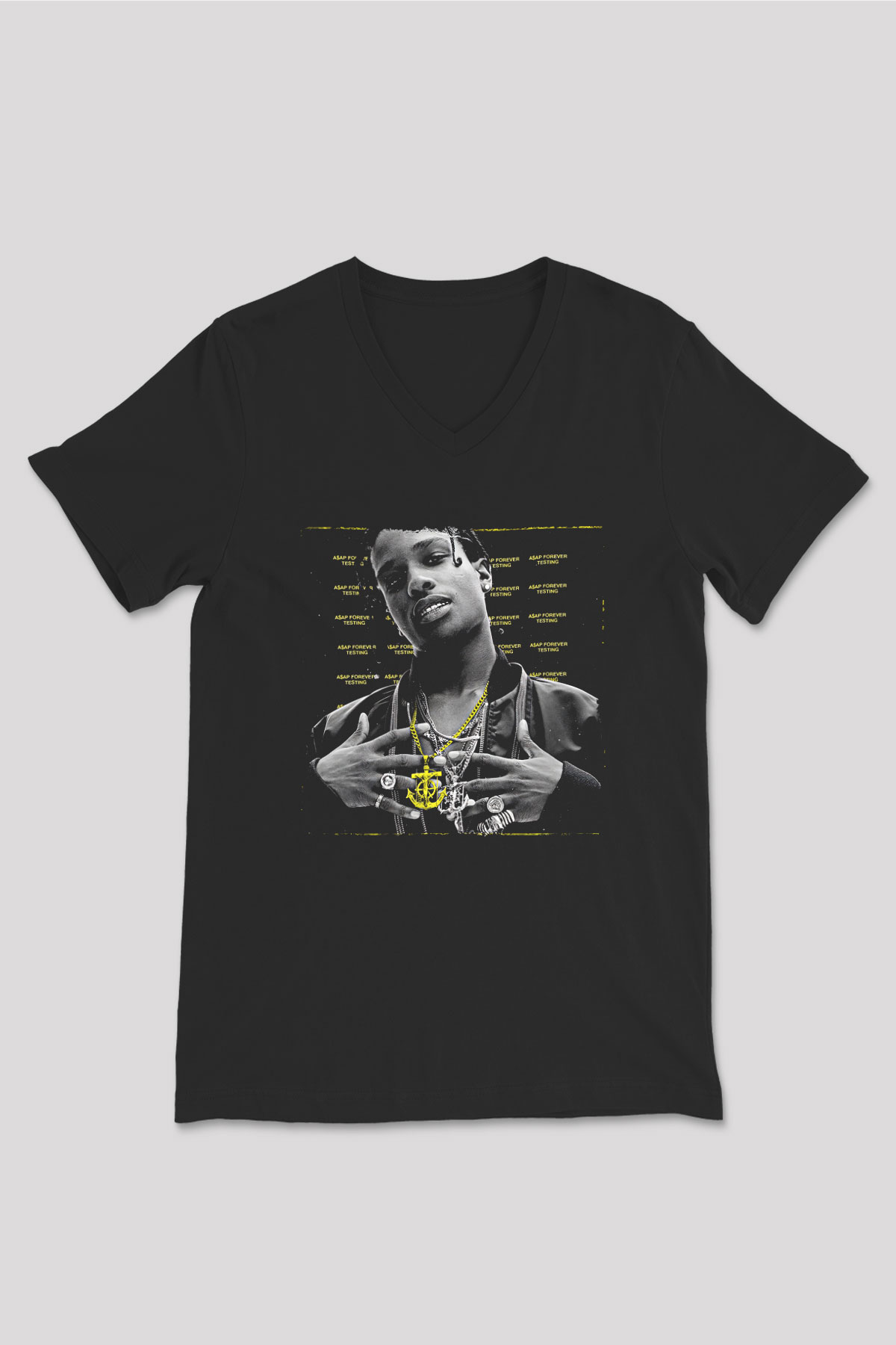 Asap Rocky Baskılı Unisex Siyah V Yaka Tişört - Tshirt