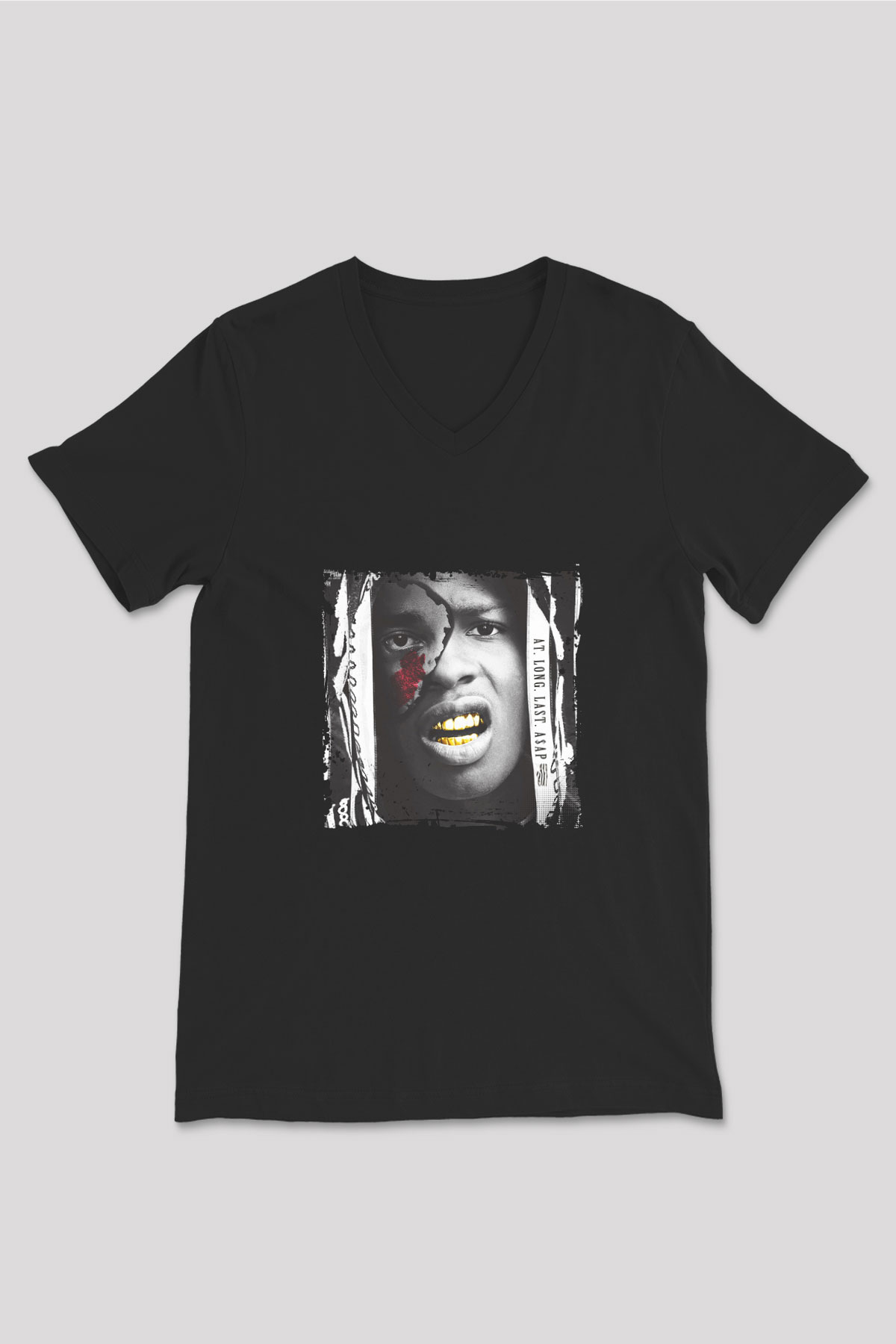 ASAP Rocky Baskılı Unisex Siyah V Yaka Tişört