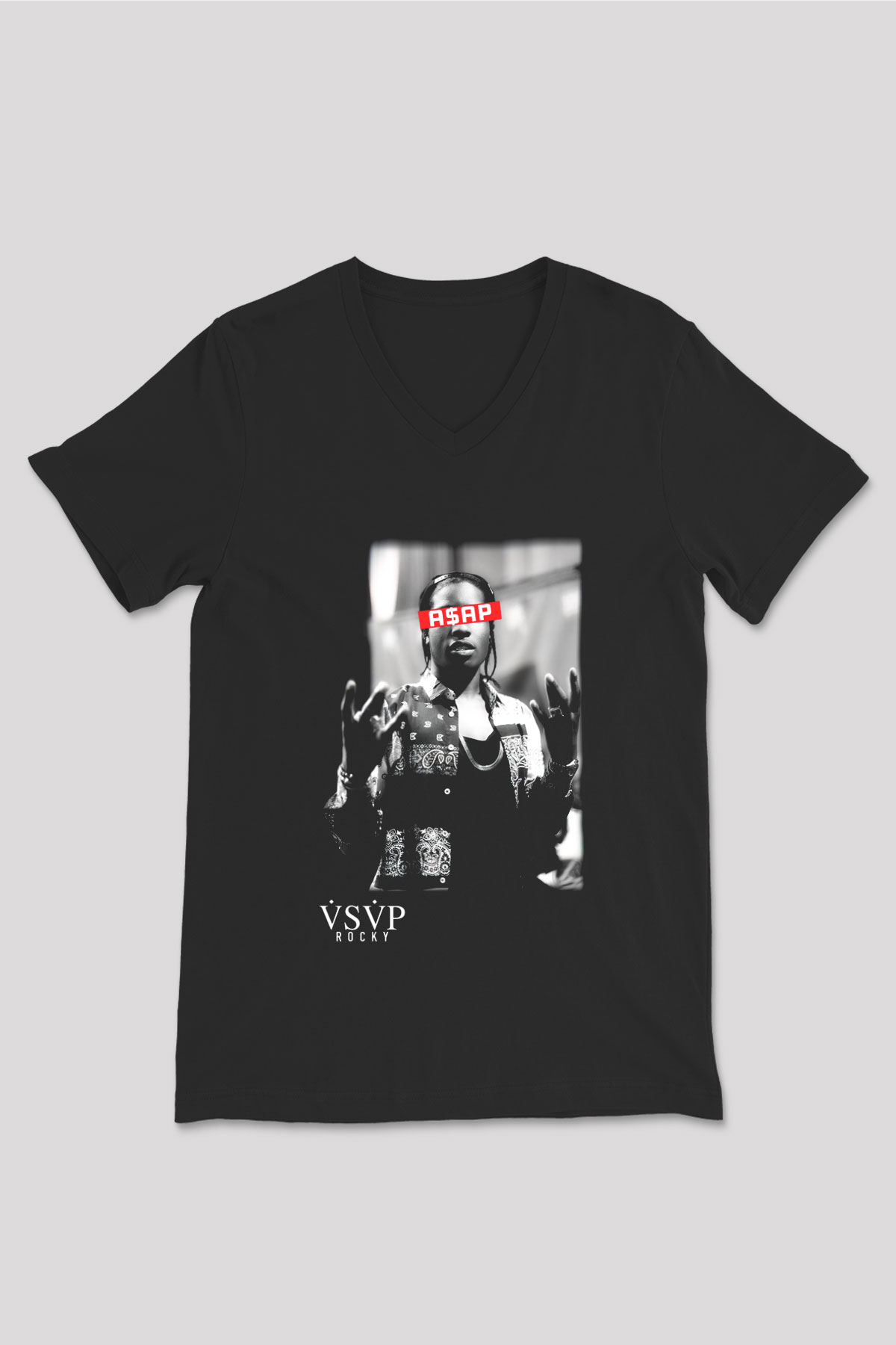 ASAP Rocky Siyah Unisex V Yaka Tişört T-Shirt