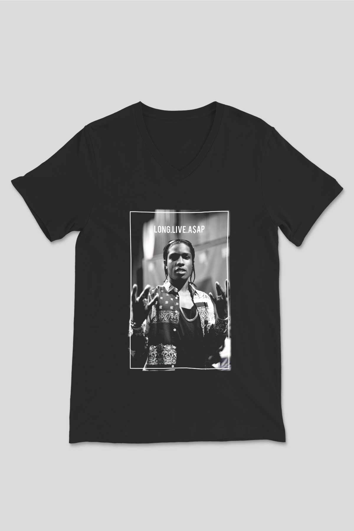ASAP Rocky Siyah Unisex V Yaka Tişört T-Shirt