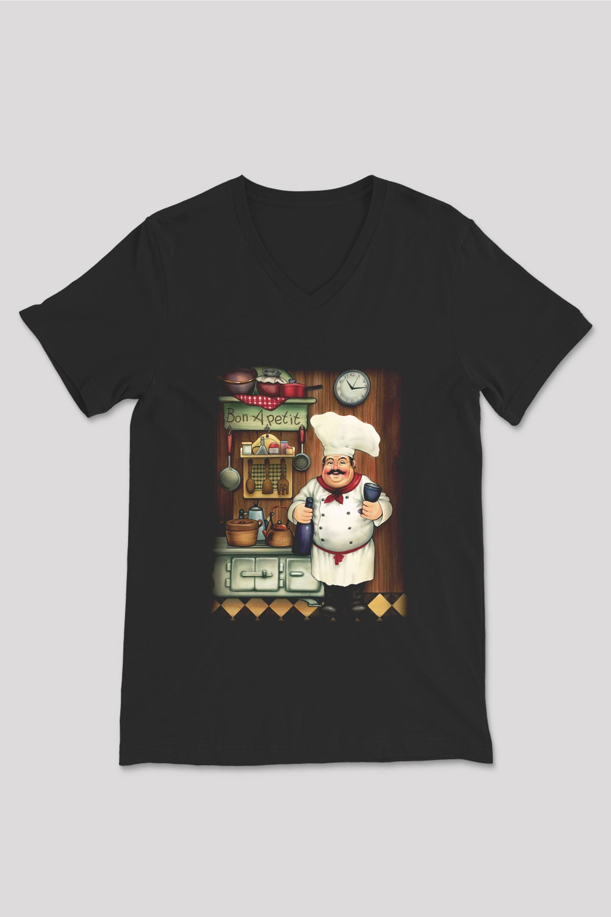 Aşçı Siyah Unisex V Yaka Tişört T-Shirt