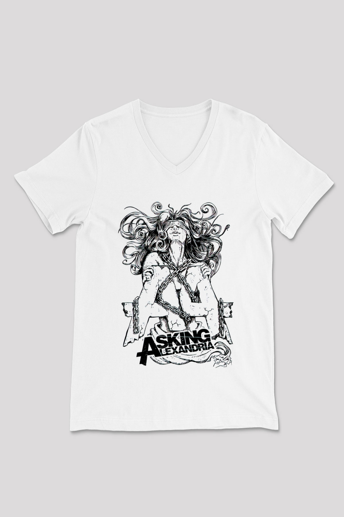 Asking Alexandria Beyaz Unisex V Yaka Tişört T-Shirt