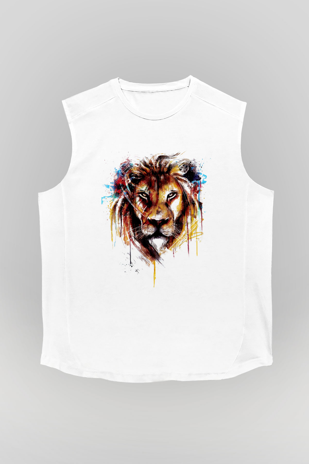 Aslan Baskılı Unisex Beyaz  Kolsuz Tişört