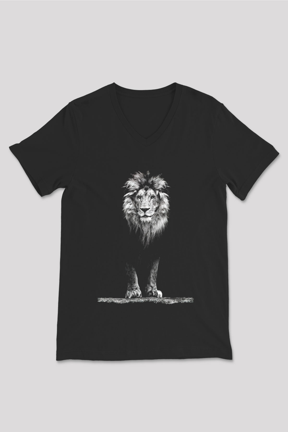 Aslan Baskılı Unisex Siyah  V Yaka Tişört