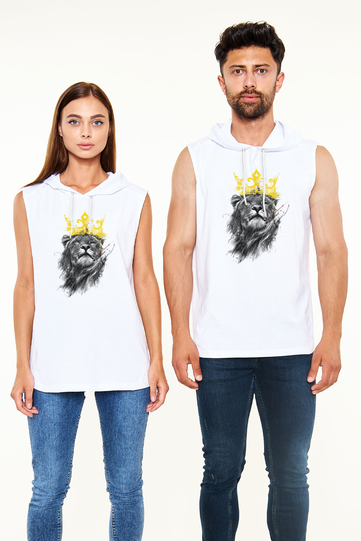 Aslan Beyaz Unisex Kapüşonlu Kolsuz Tişört