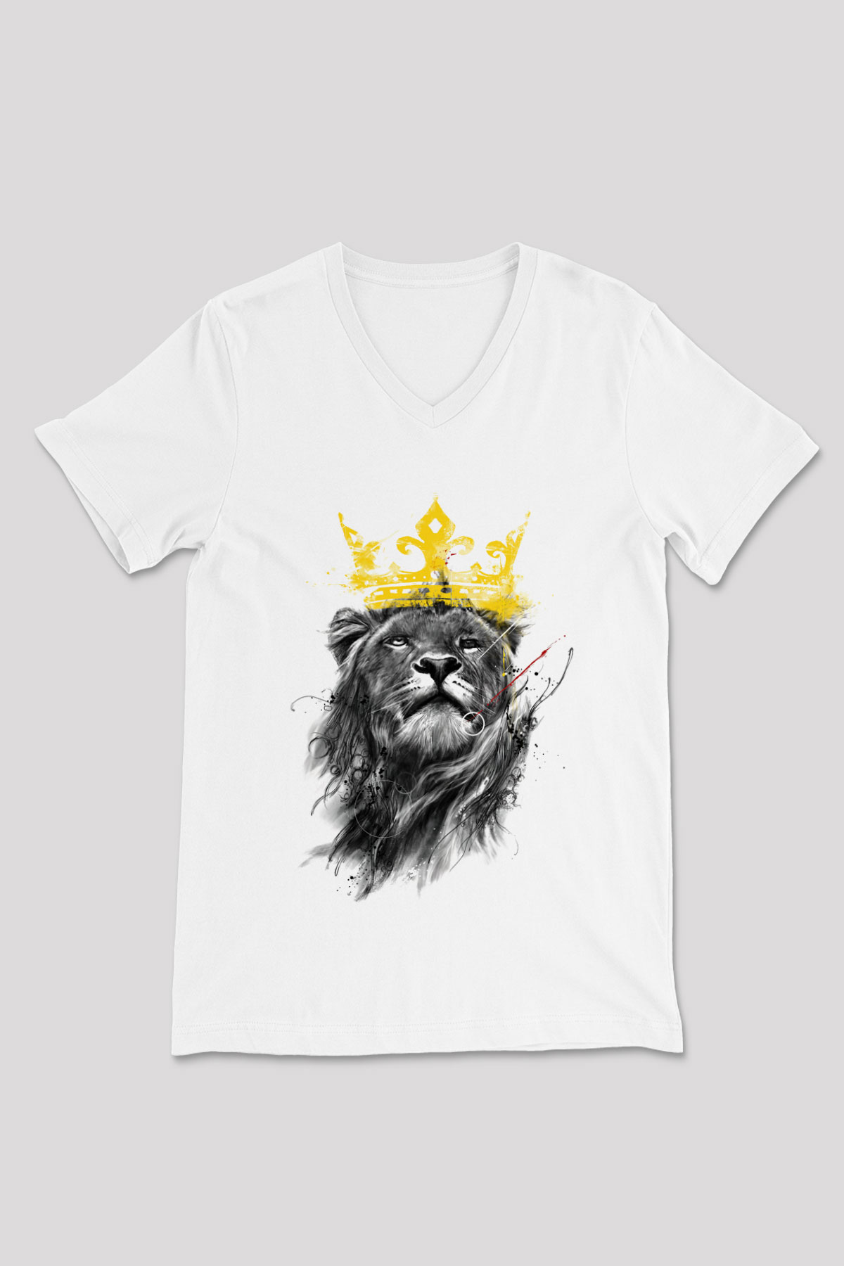 Aslan Beyaz Unisex V Yaka Tişört T-Shirt