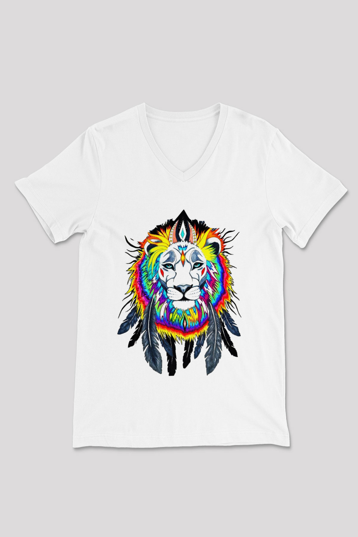 Aslan Beyaz Unisex V Yaka Tişört T-Shirt