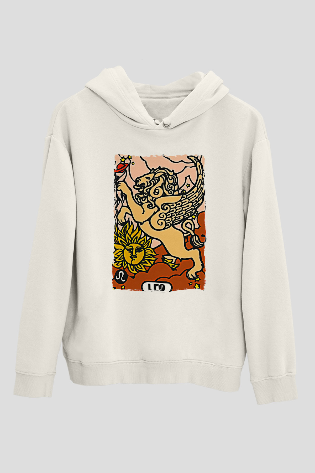 Aslan Burcu Baskılı Beyaz Unisex Hoodie